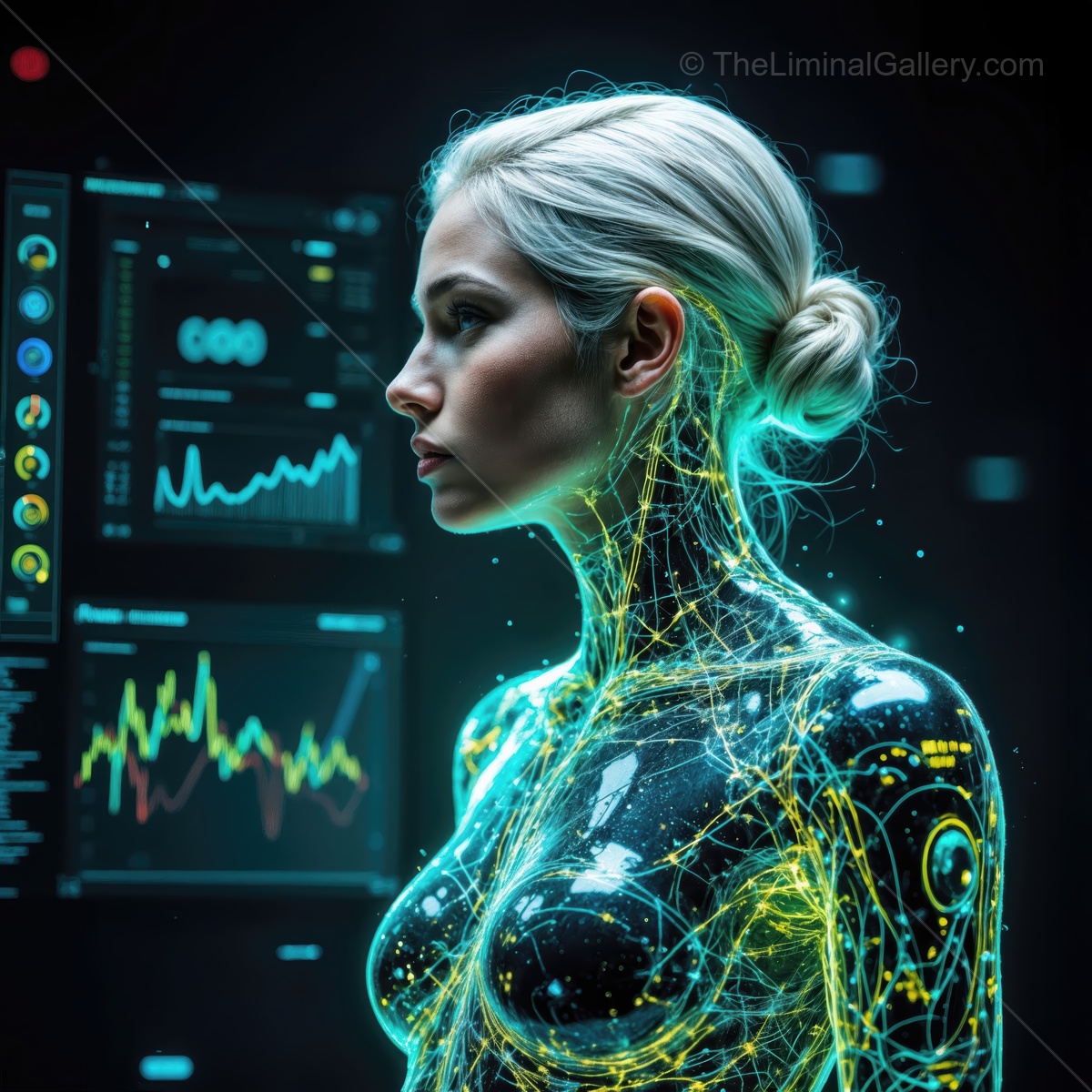 Futuristic humanoid in a high-tech sci-fi lab filled with glowing data streams and holographic displays