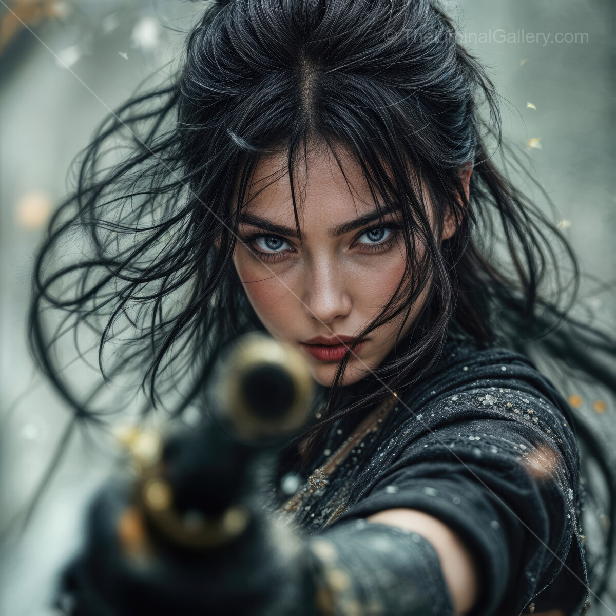 Intense warrior poised for action amid swirling leaves in an enchanted forest