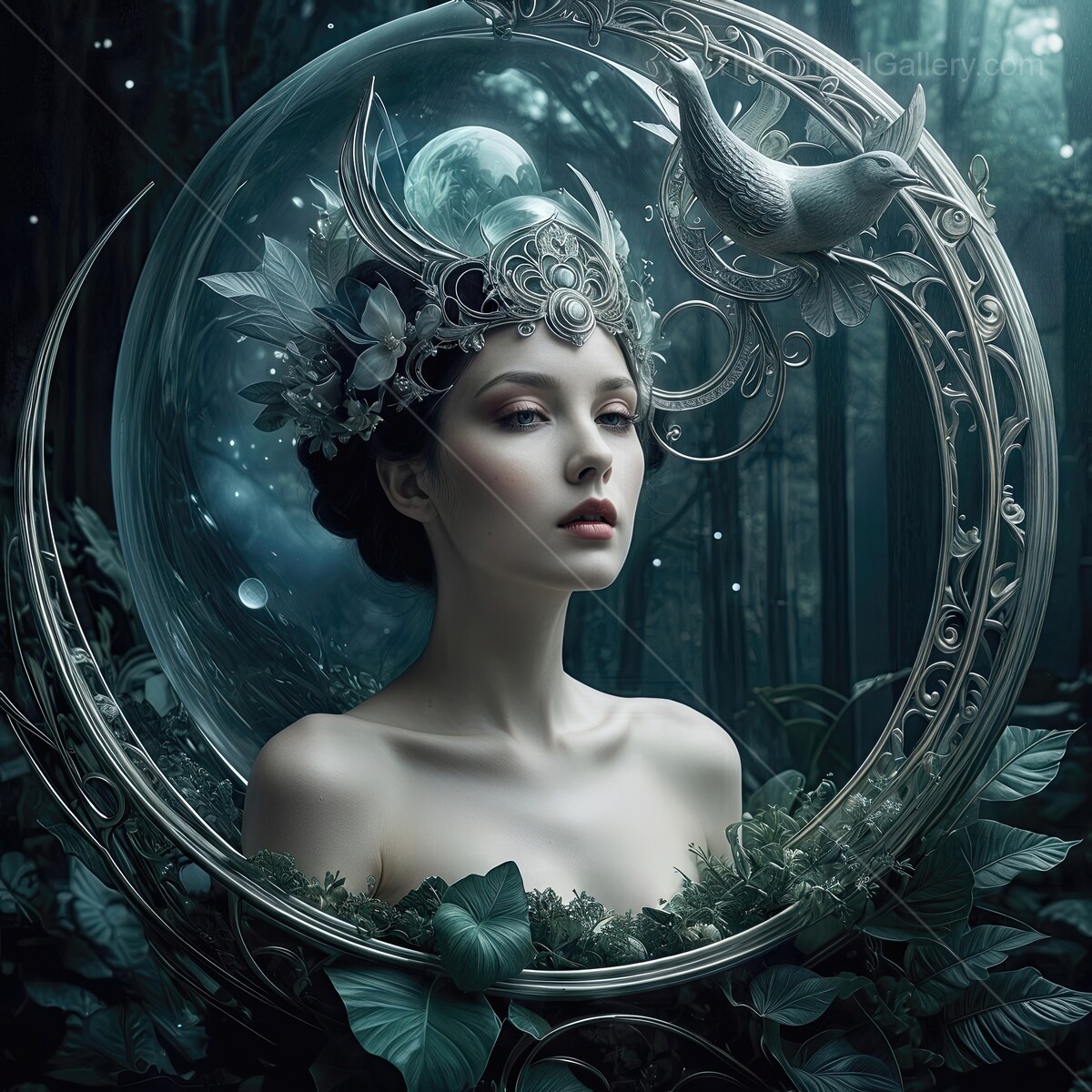 Enchanted portrait of a woman surrounded by nature's mystical beauty under a full moon