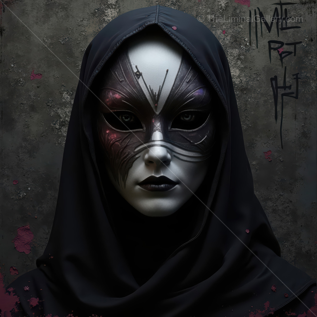 Mystical figure with intricate mask and dark attire stands against a textured background, exuding mystery and allure