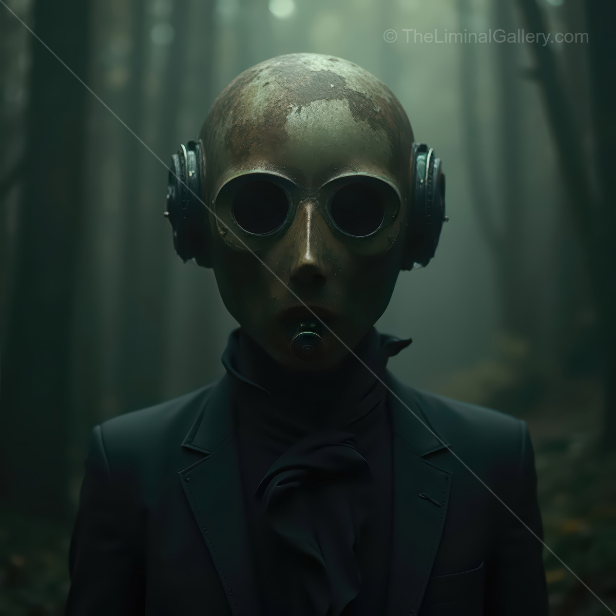 Mysterious figure in a dark forest wearing a unique mask and headphones evokes a captivating sci-fi atmosphere