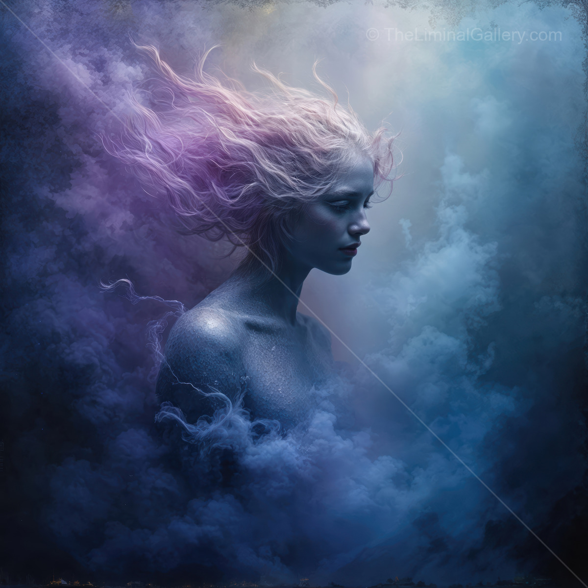 Ethereal figure emerges from vibrant mist during a dreamlike moment of solitude and reflection