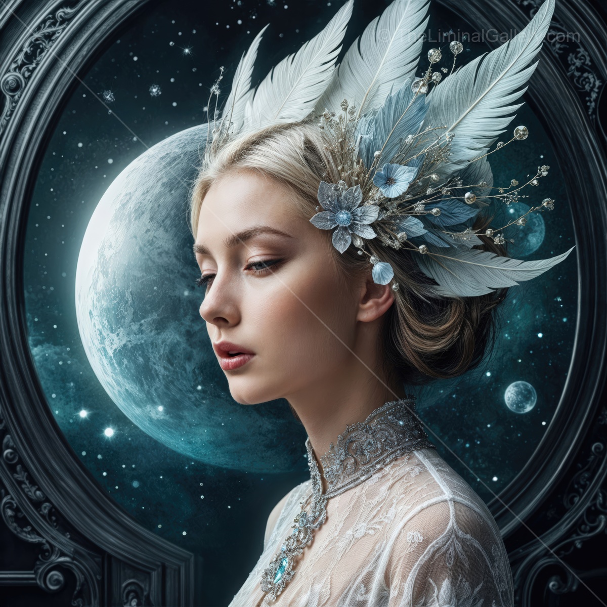 Enigmatic beauty dressed in ethereal elegance beneath a celestial moonlit sky
