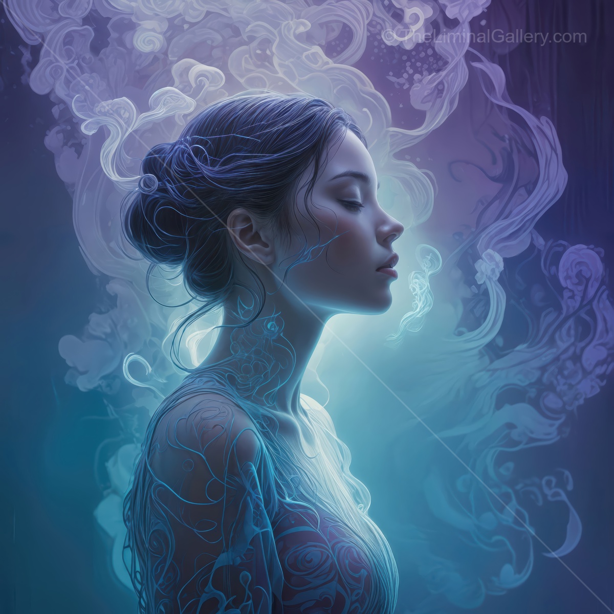 Ethereal beauty surrounded by mystical wisps in a serene dreamscape of colorful hues