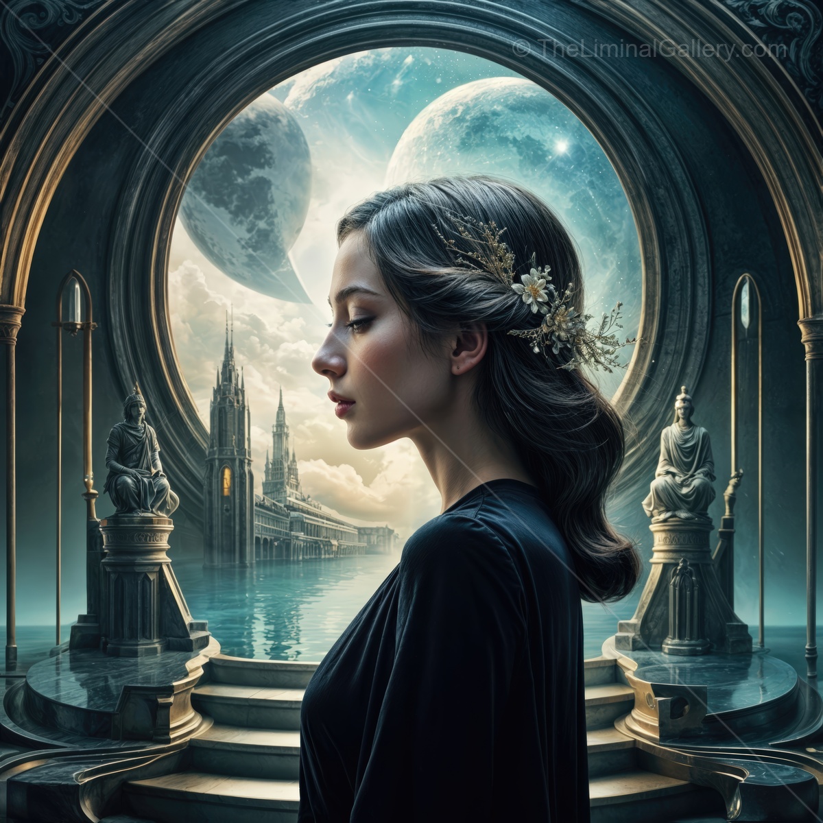 Mystical elegance surrounds a woman in a dreamlike setting at twilight