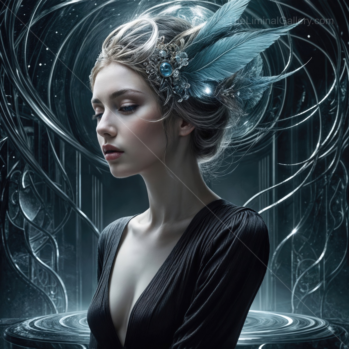 Mystical portrait of a serene woman adorned with a feathered headdress in a dreamlike atmosphere