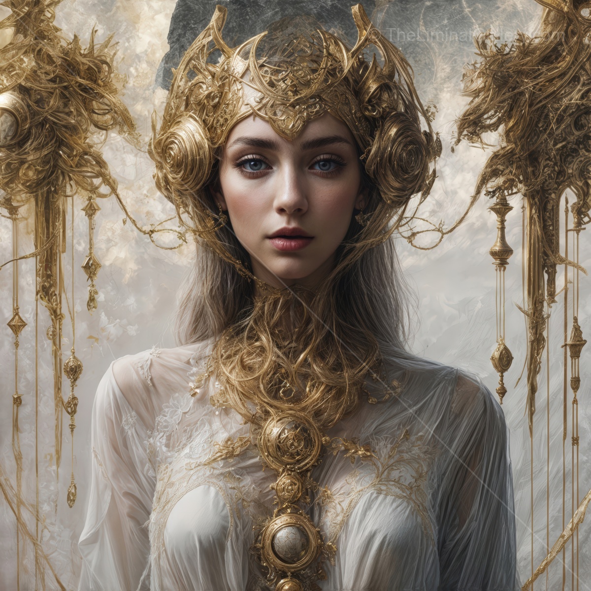 Mystical queen adorned in intricate gold jewelry amidst a celestial backdrop