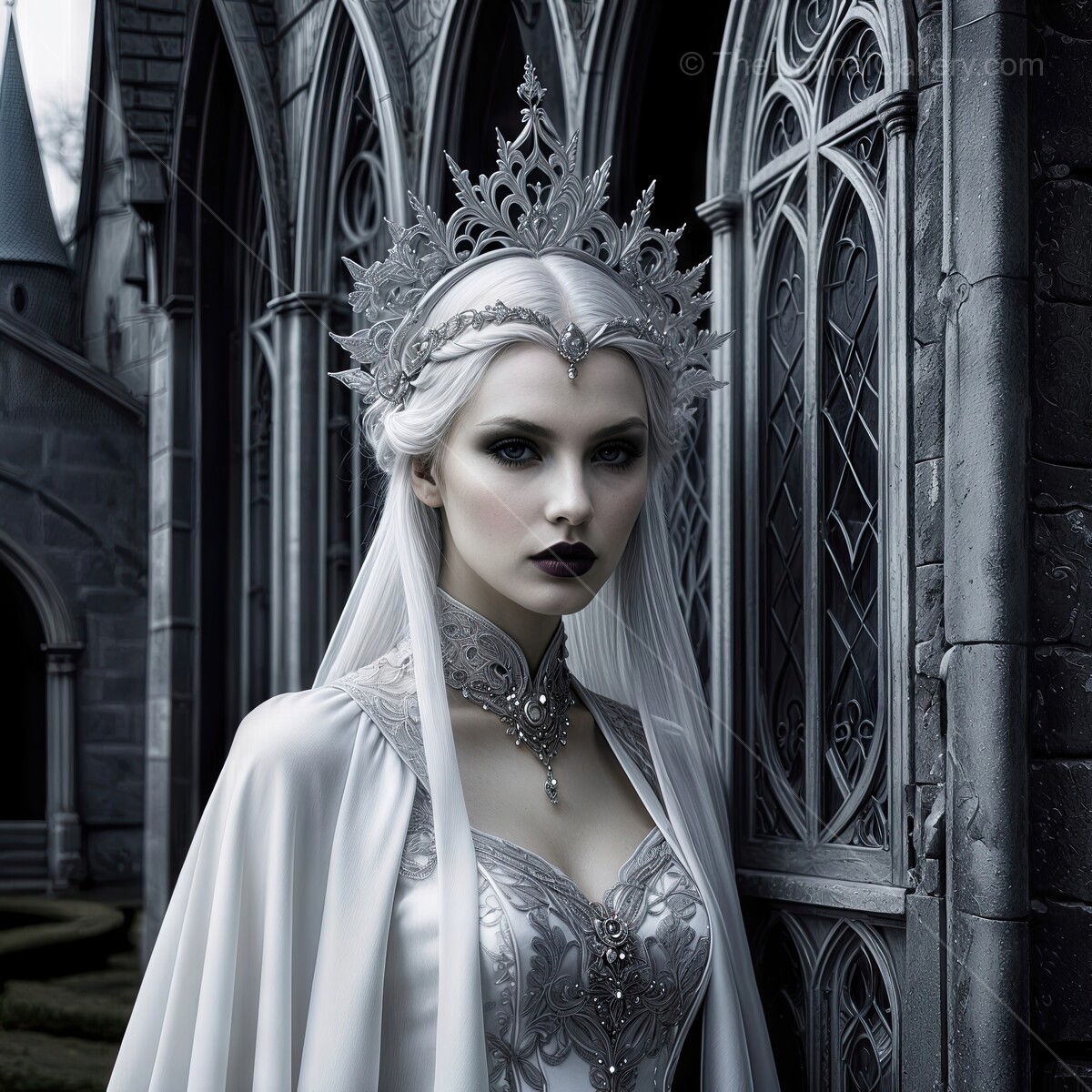 Enchanting queen in a regal gown stands beneath an ancient castle's arched windows during twilight hours