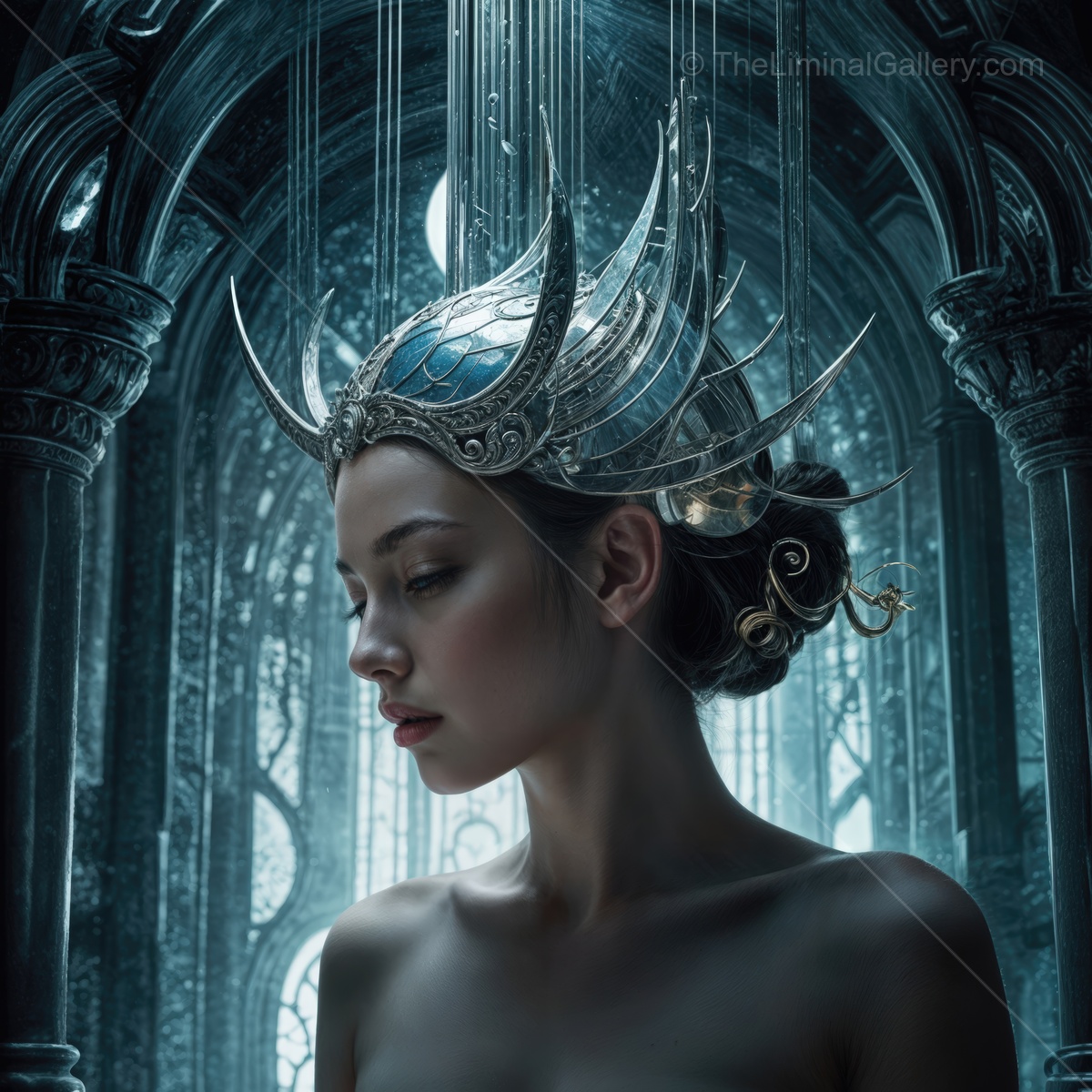 Elegance radiates from a regal female in an ethereal setting with intricate shadows and enchanting light