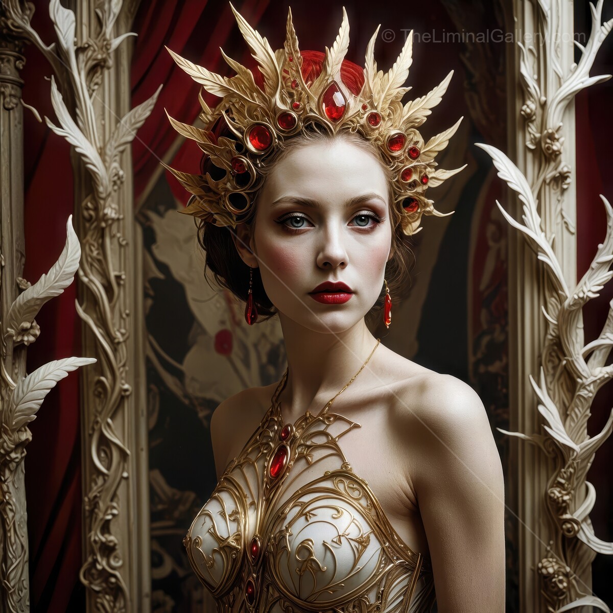 A captivating regal queen adorned with golden elegance and rich gemstones in an ornate setting