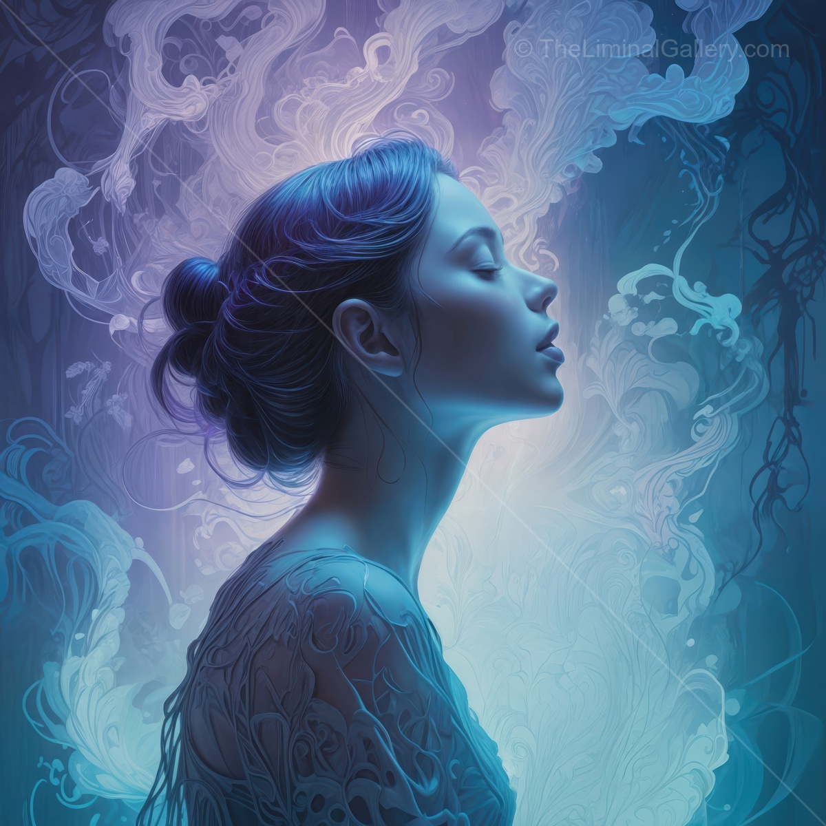 Beautiful woman surrounded by enchanting wisps of color, captured in a moment of serenity and introspection