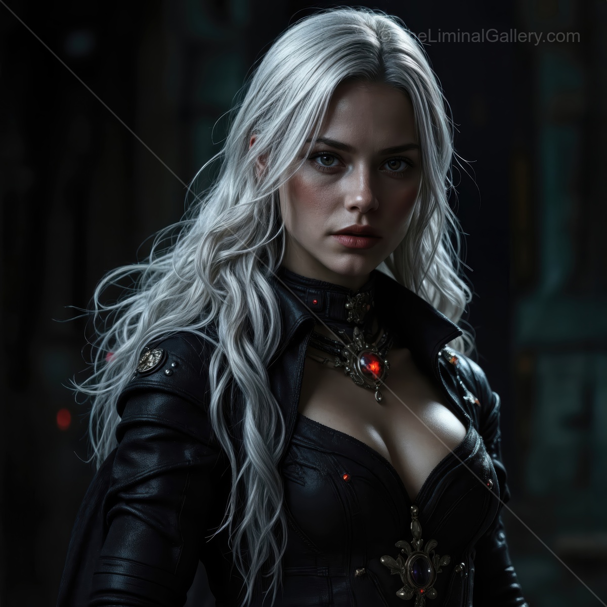 Mysterious figure with silver hair and dark attire captures the essence of fantasy in a dimly lit setting