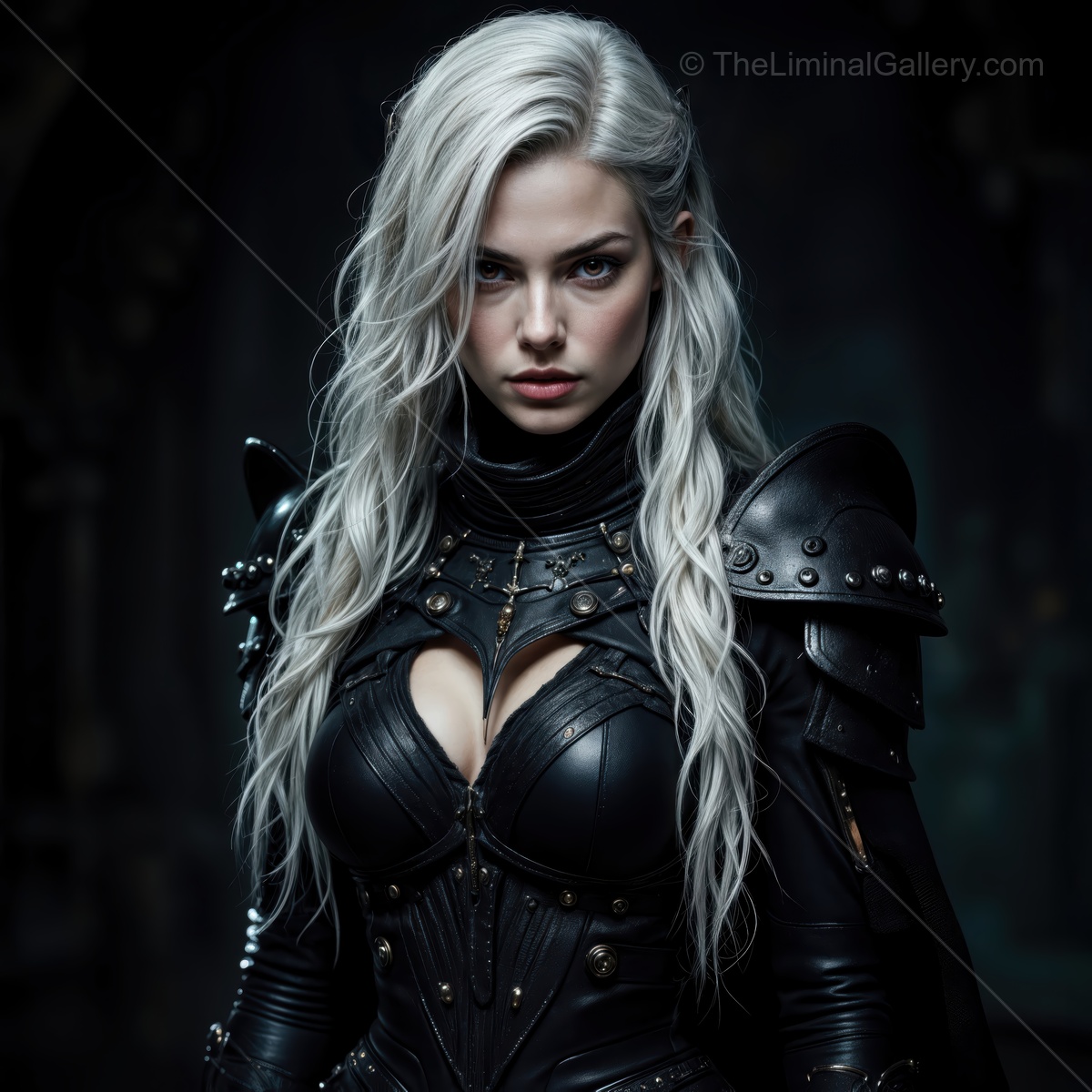 Warrior woman clad in dark armor with striking silver hair stands in a shadowy realm showcasing strength and resilience