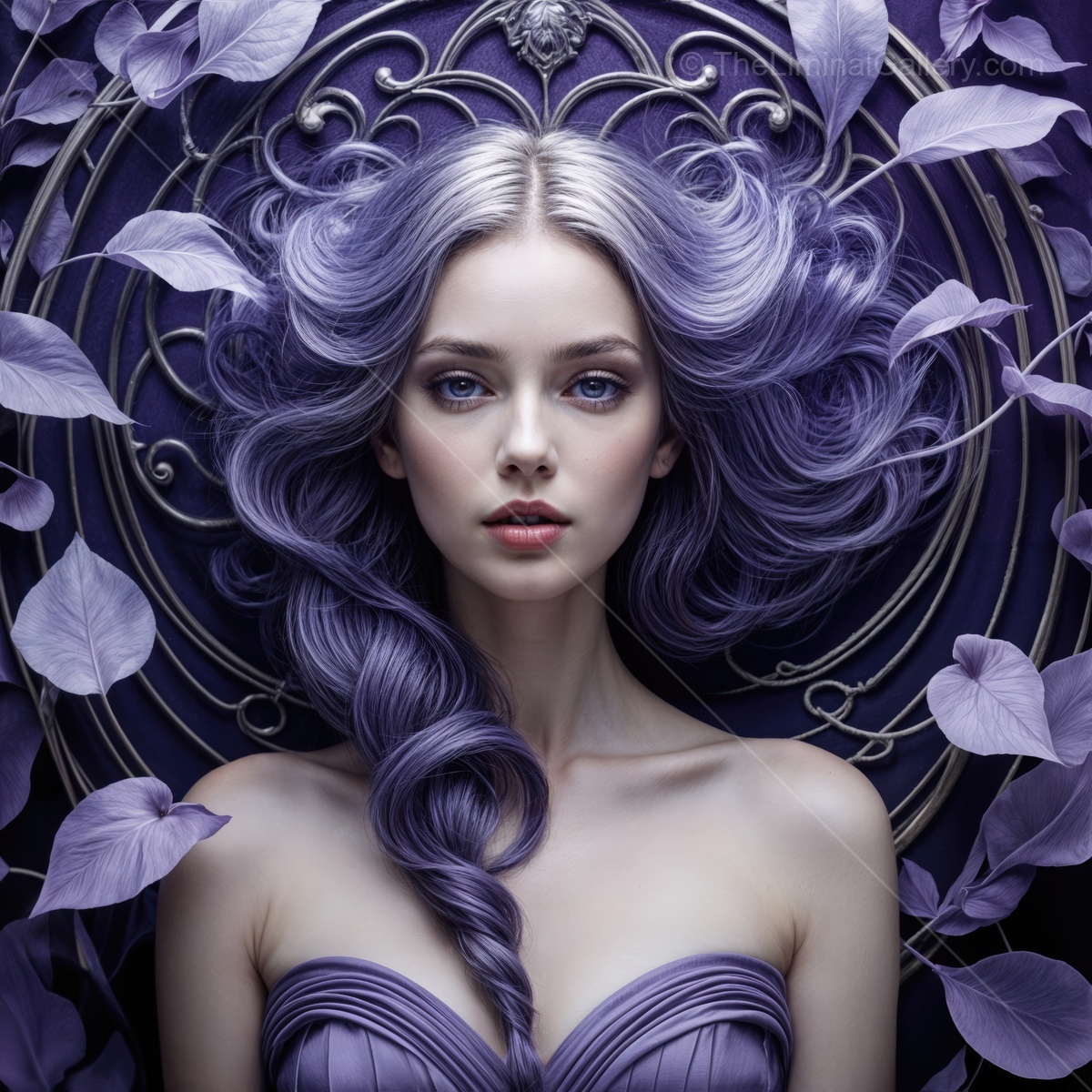Unique purple-haired model surrounded by enchanting foliage in an artistic fantasy setting