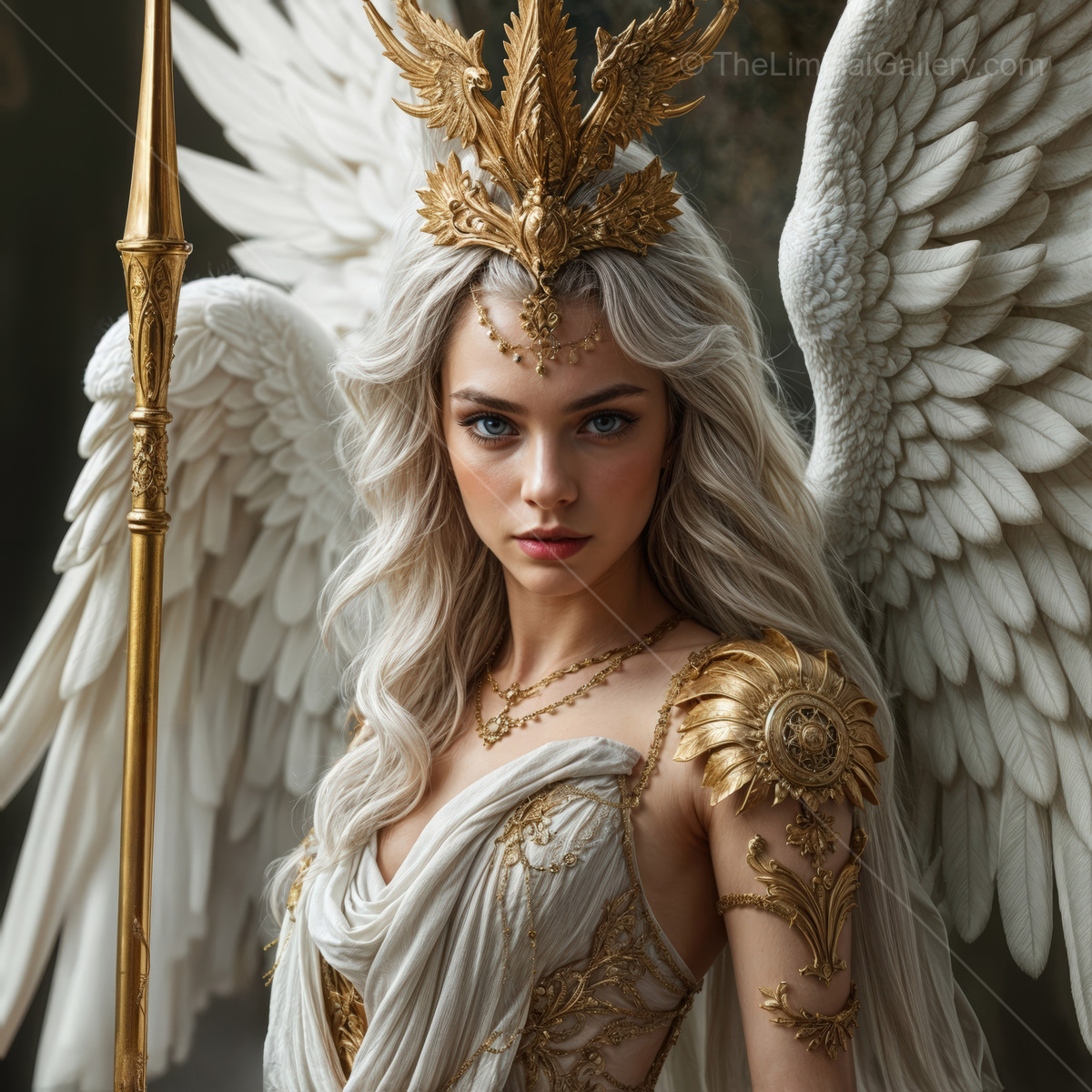 Majestic valkyrie figure with golden armor and flowing white garments in an ethereal setting