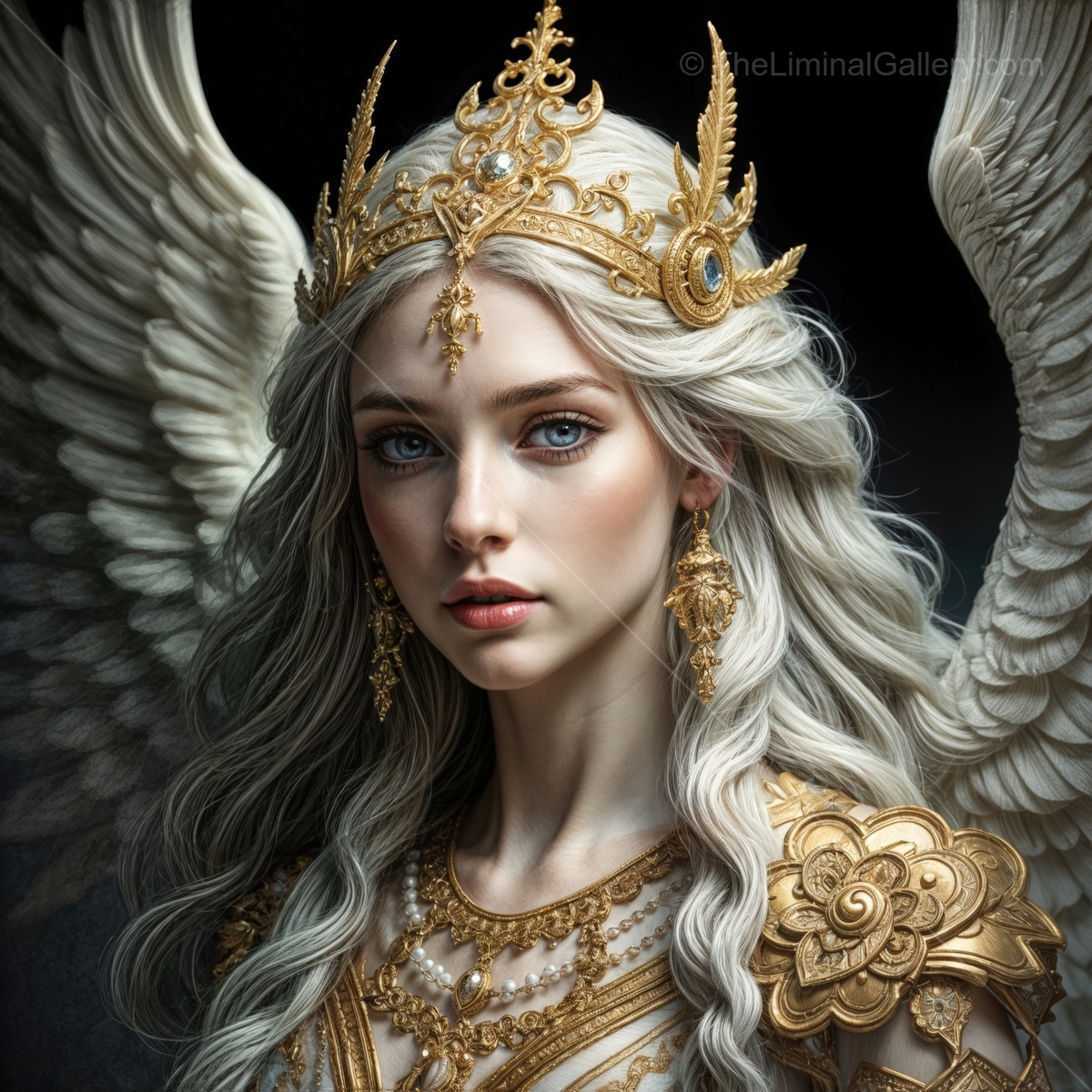 Majestic valkyrie figure adorned with intricate gold details and striking white wings against a dark backdrop