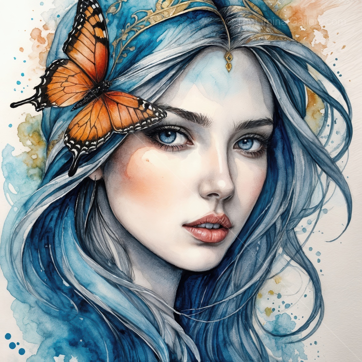 Woman in a fantasy world with ethereal beauty and a butterfly resting on her vibrant hair