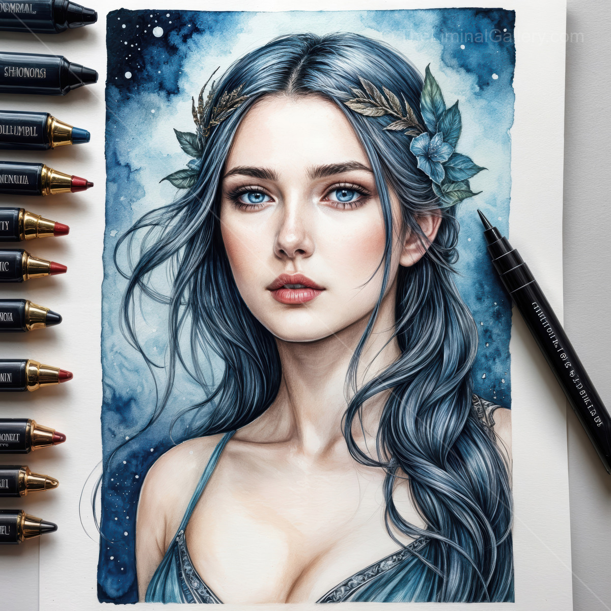 Female embodying fantasy in a liminal space, surrounded by celestial colors and intricate details