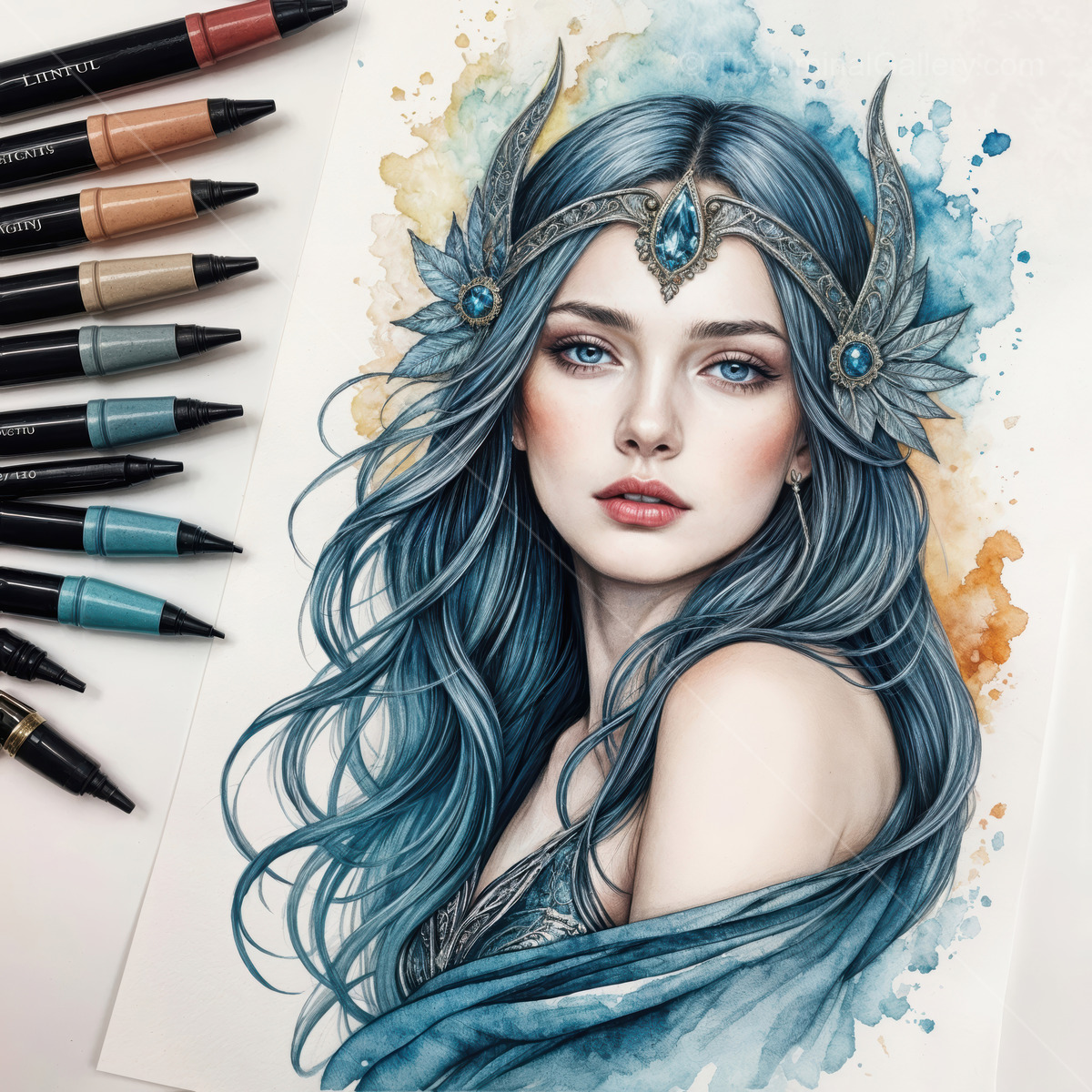 Enchanting fantasy portrait of a woman with flowing blue hair and intricate crown in a liminal space surrounded by art supplies