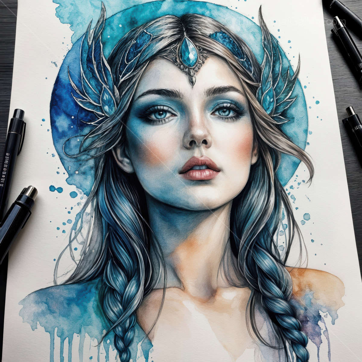 Enchanting fantasy portrait of a woman with blue hair and intricate accessories in a vibrant liminal space