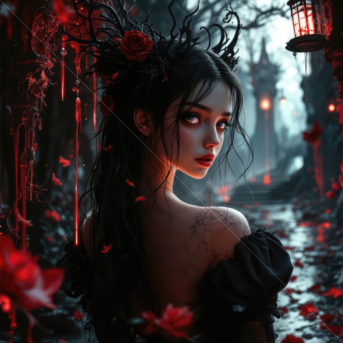 Woman in a fantasy realm walks through a dark forest filled with red flowers and eerie lanterns at twilight