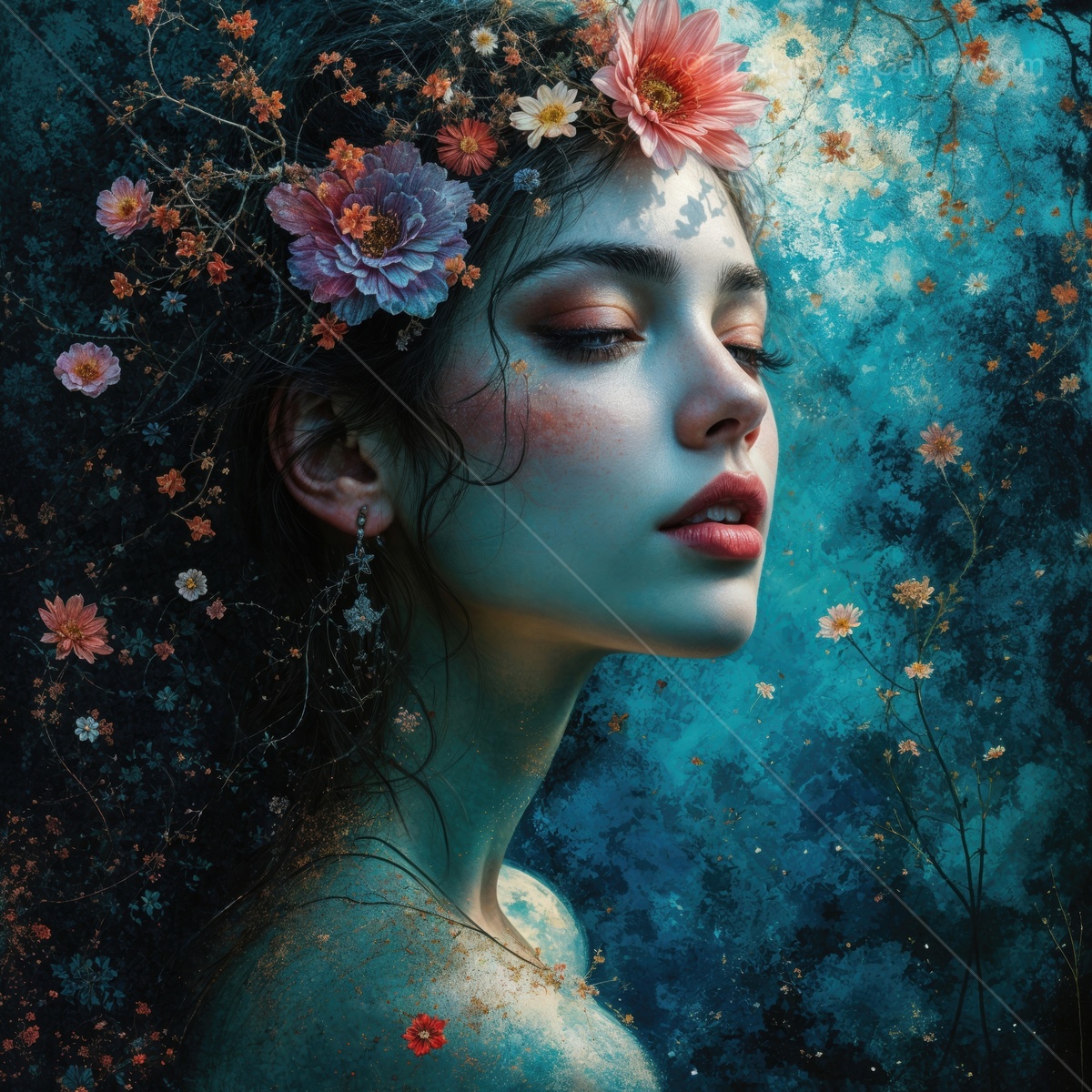 Enchanting woman surrounded by flowers in a magical blue landscape at twilight