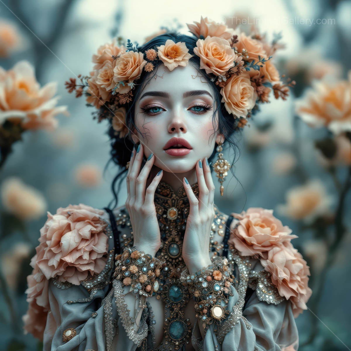 Enchanting woman adorned with flowers in a dreamy garden filled with soft pastels and ethereal light