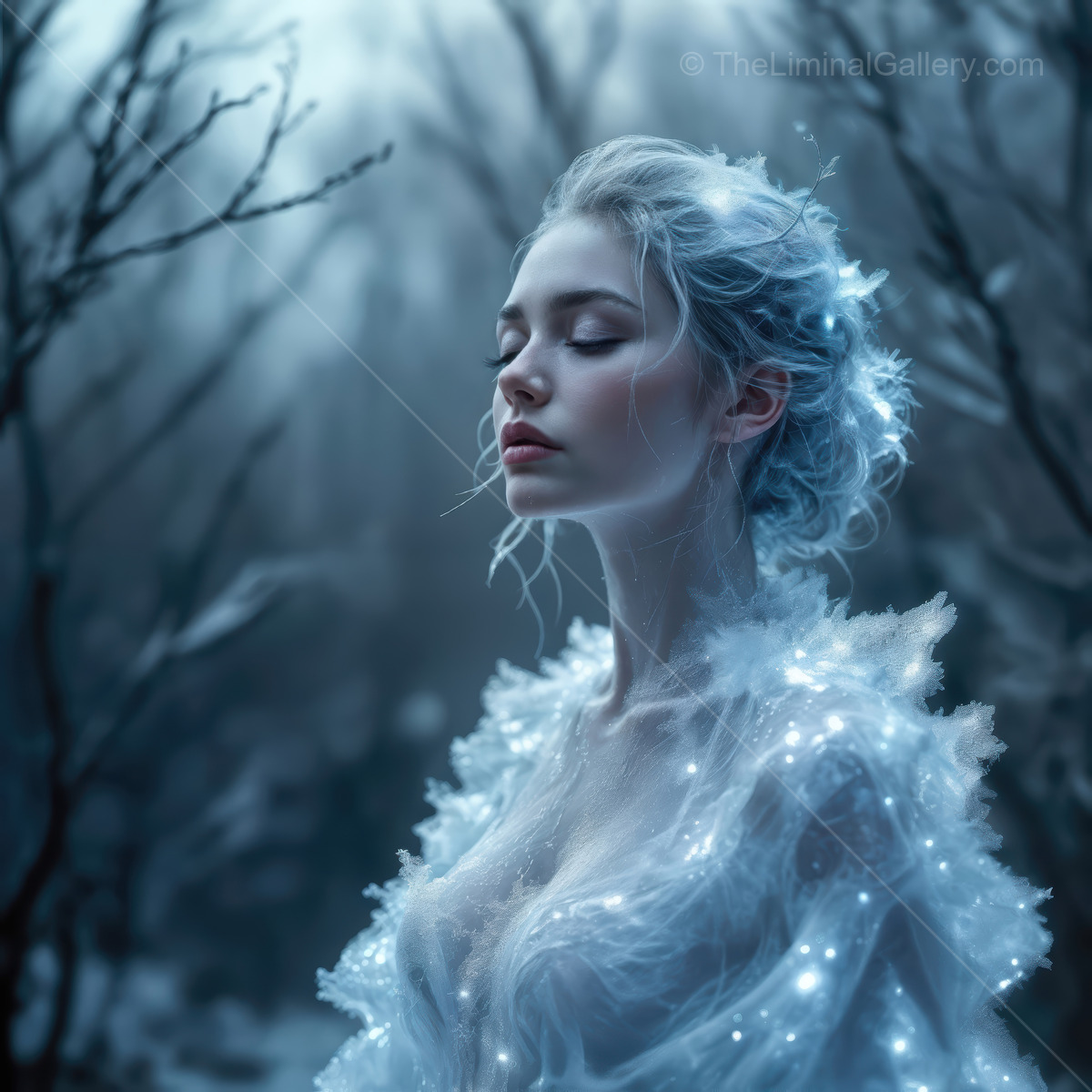 Enchanted woman in a mystical forest bathed in soft blue light revealing a fantasy realm filled with wonder