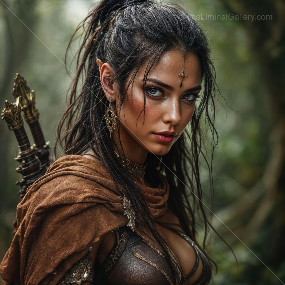 Liminal fantasy forest journey with a courageous woman warrior embracing her destiny