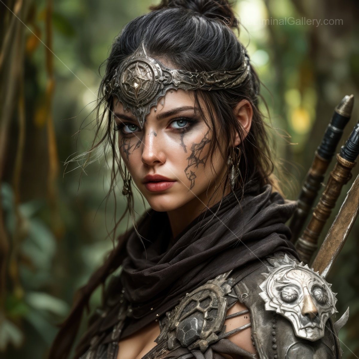 Warrior in a fantasy world embodying strength and mystery amidst lush greenery at twilight