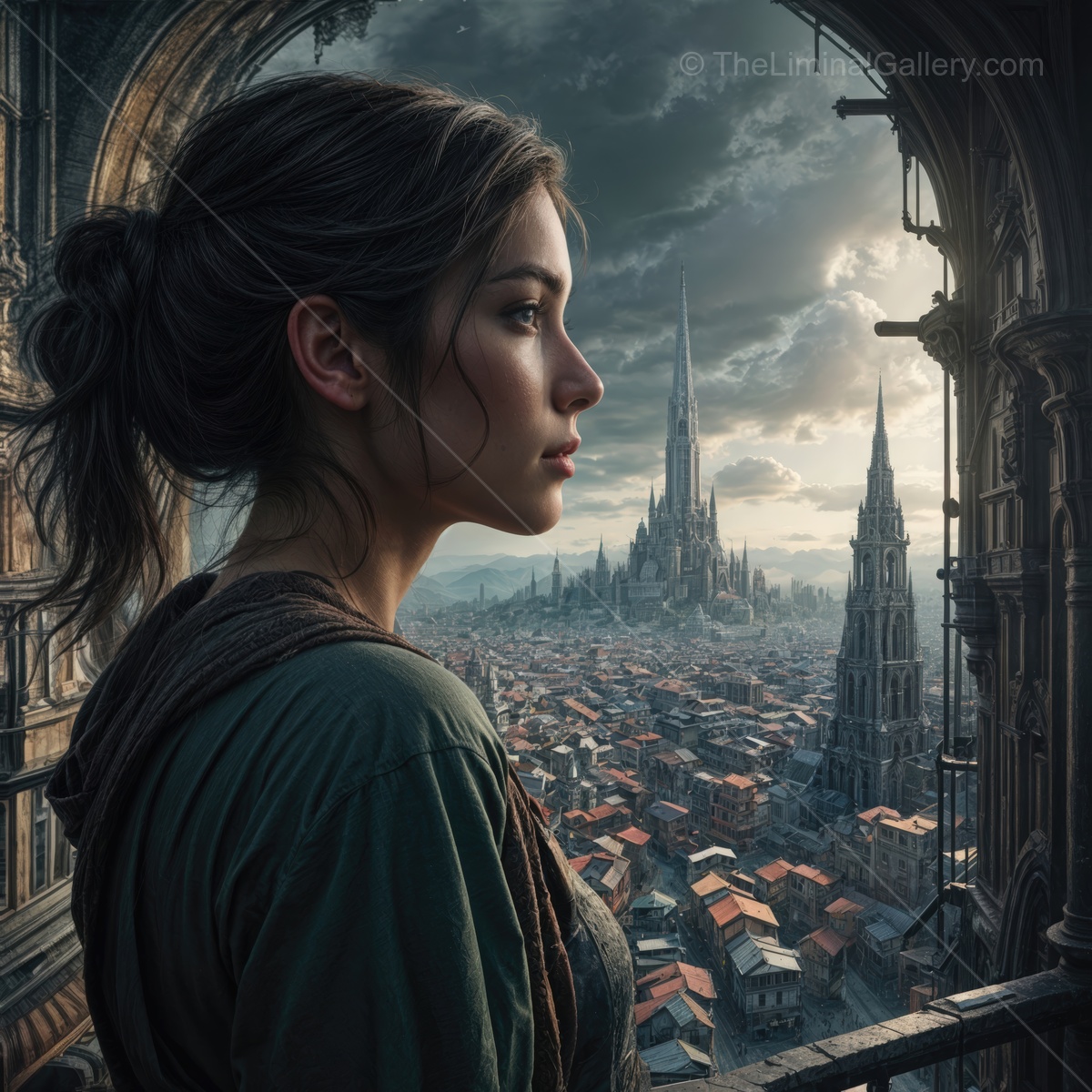 Contemplating a distant realm, a young woman gazes over an ancient cityscape under a brooding sky