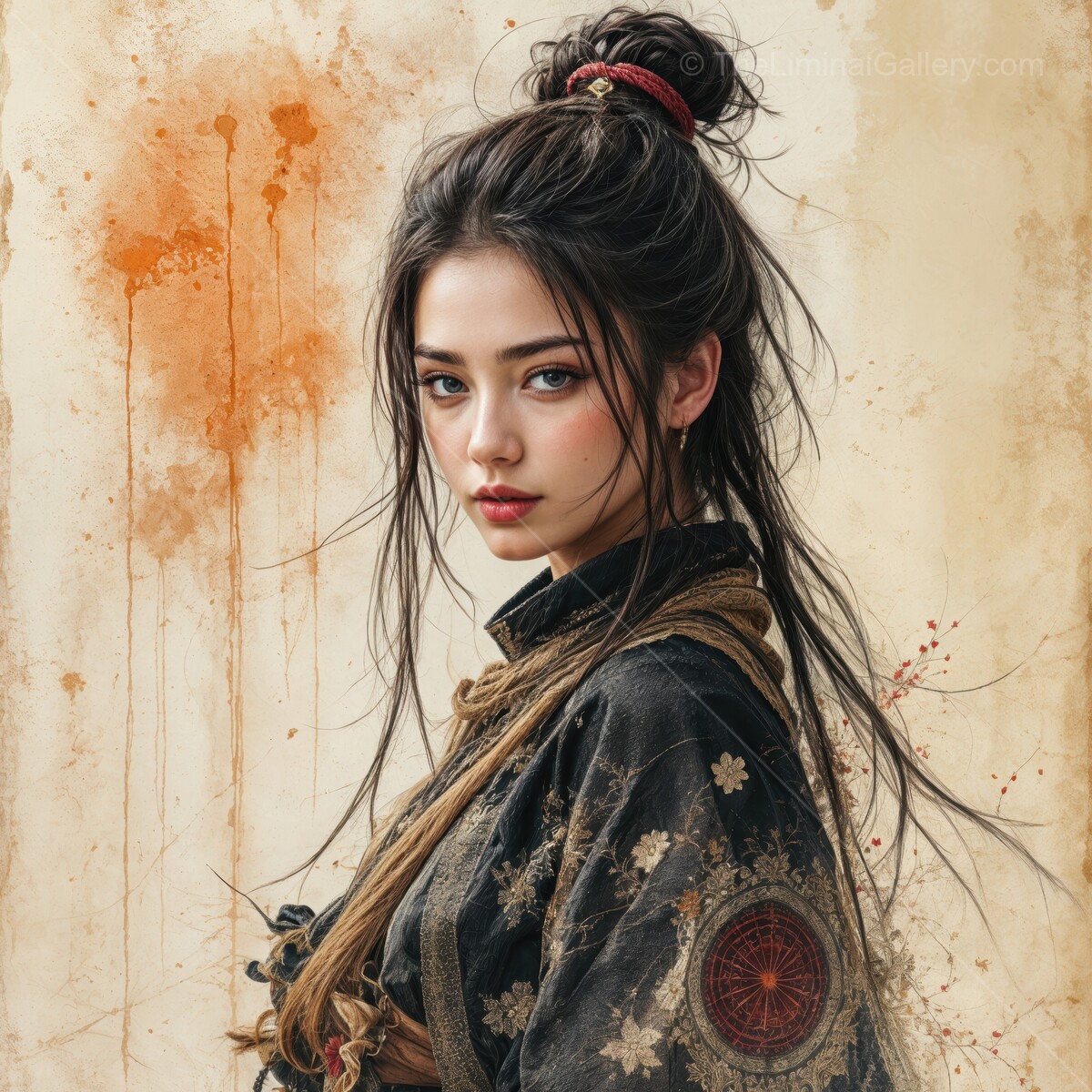 Young woman in traditional attire stands against a textured backdrop, embodying elegance and strength in a vibrant setting