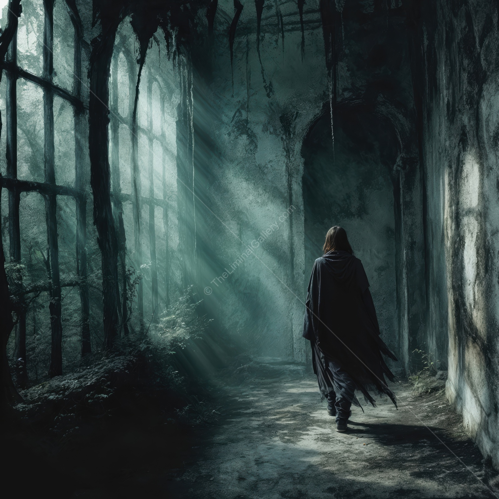 Mysterious figure walks through an ancient, abandoned building filled with ethereal light