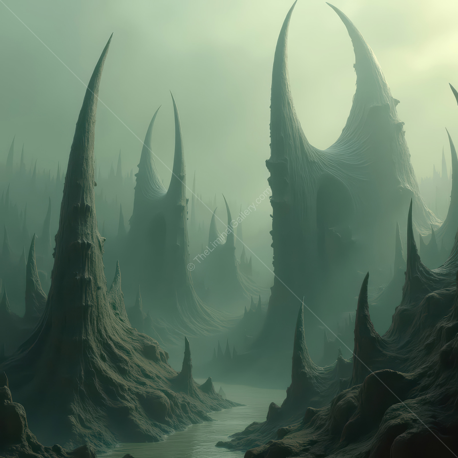 Majestic alien landscape featuring towering spires and misty atmosphere during twilight