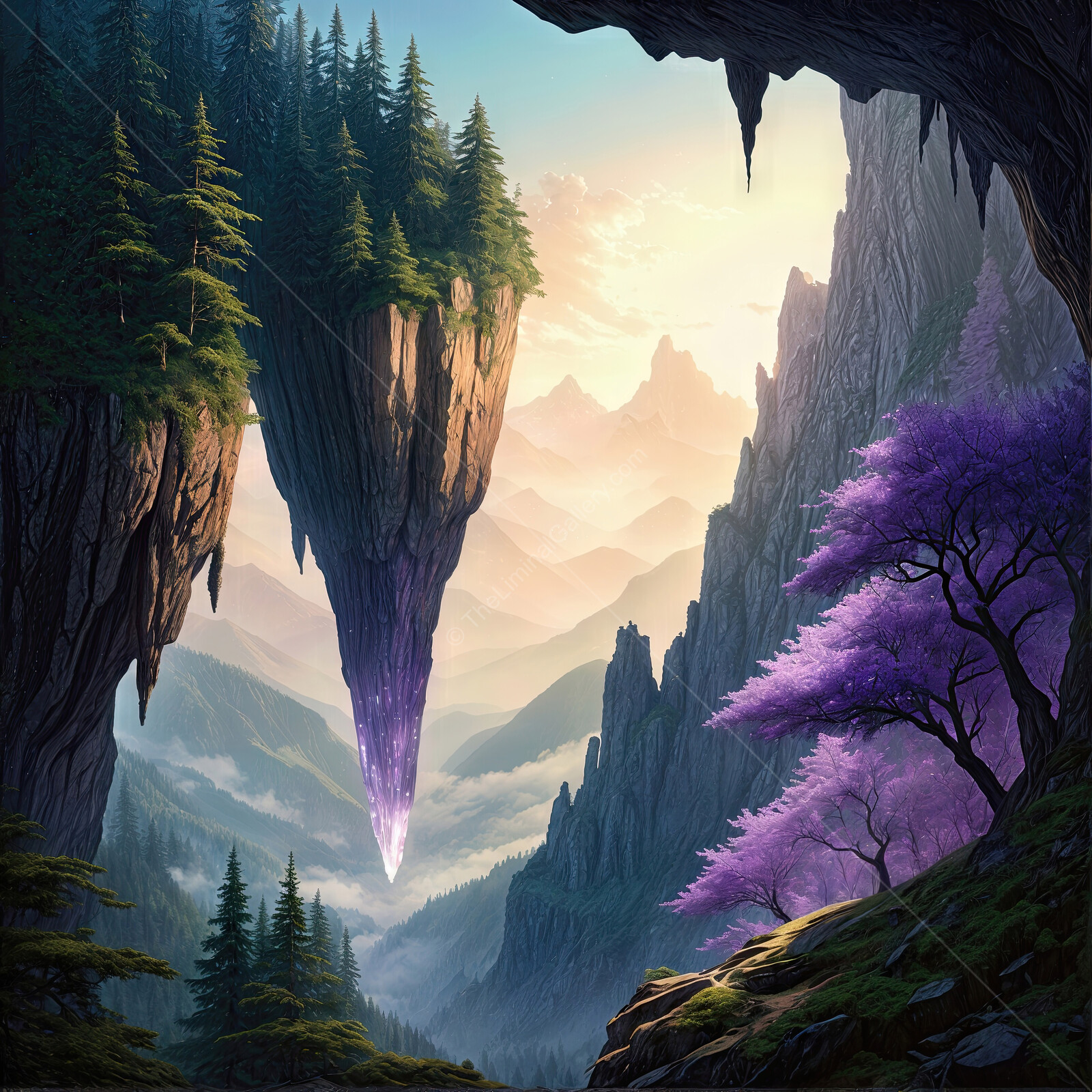 Majestic floating crystal surrounded by enchanted forest at sunrise in a fantasy setting