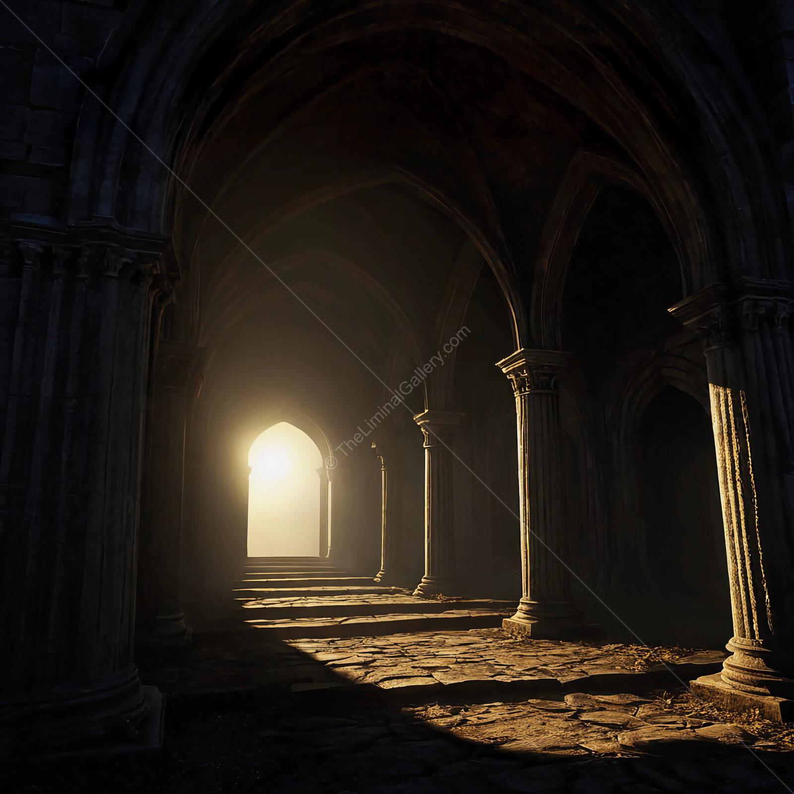 Light streaming through ancient arches creates a mystical ambiance in a forgotten passageway at dawn