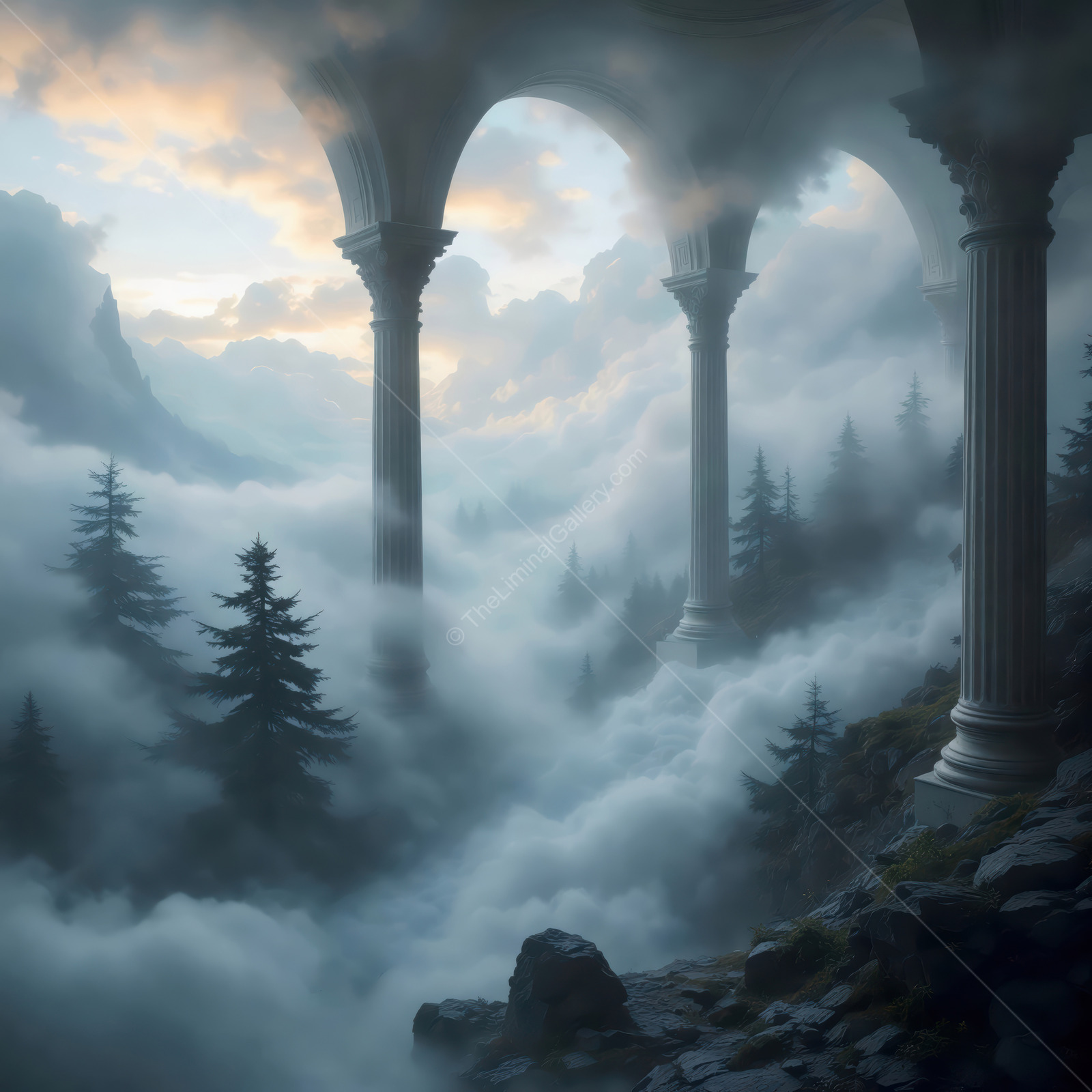 Misty landscape with ancient columns overlooking a serene valley at dawn