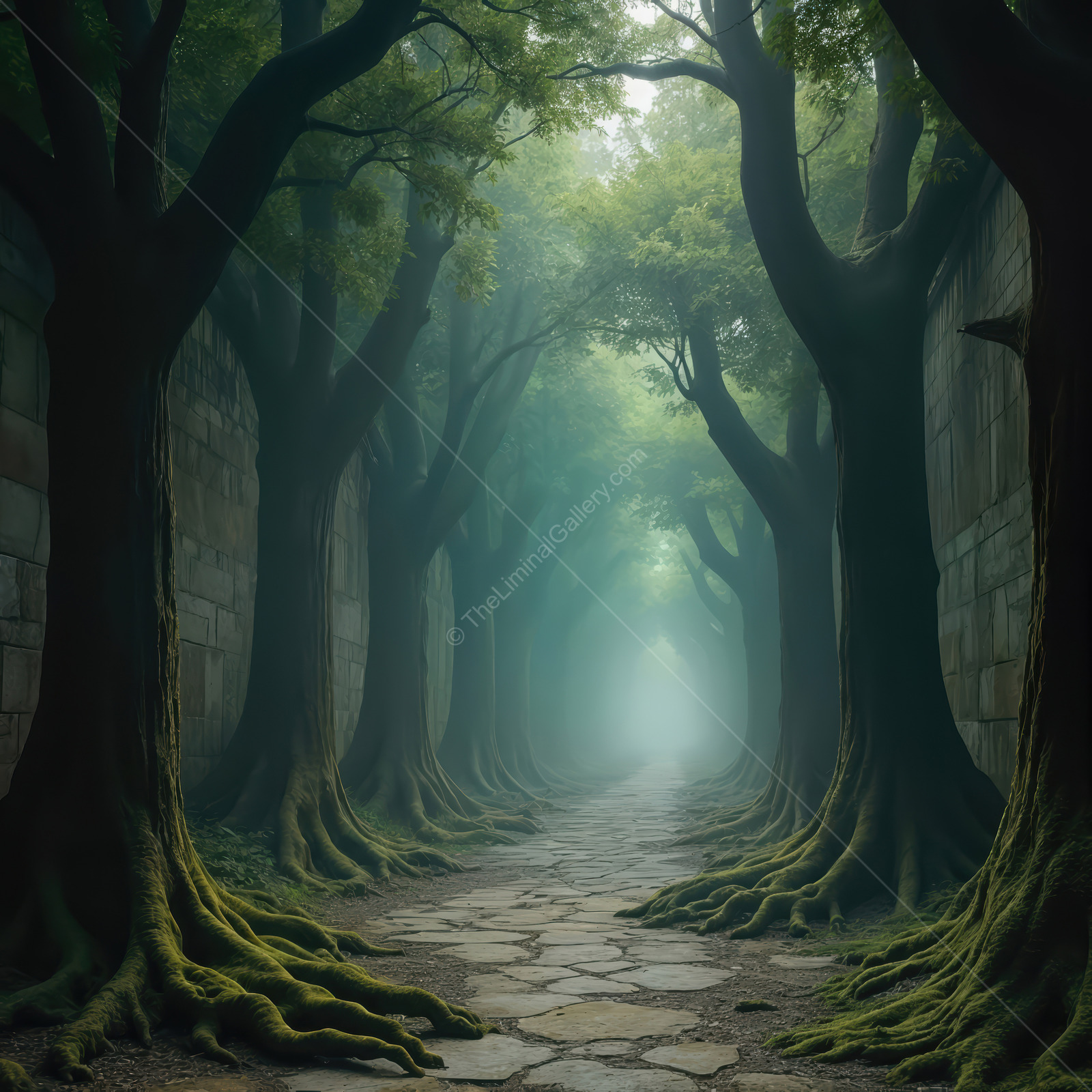 Mysterious forest pathway leads into the foggy unknown with ancient trees and lush greenery