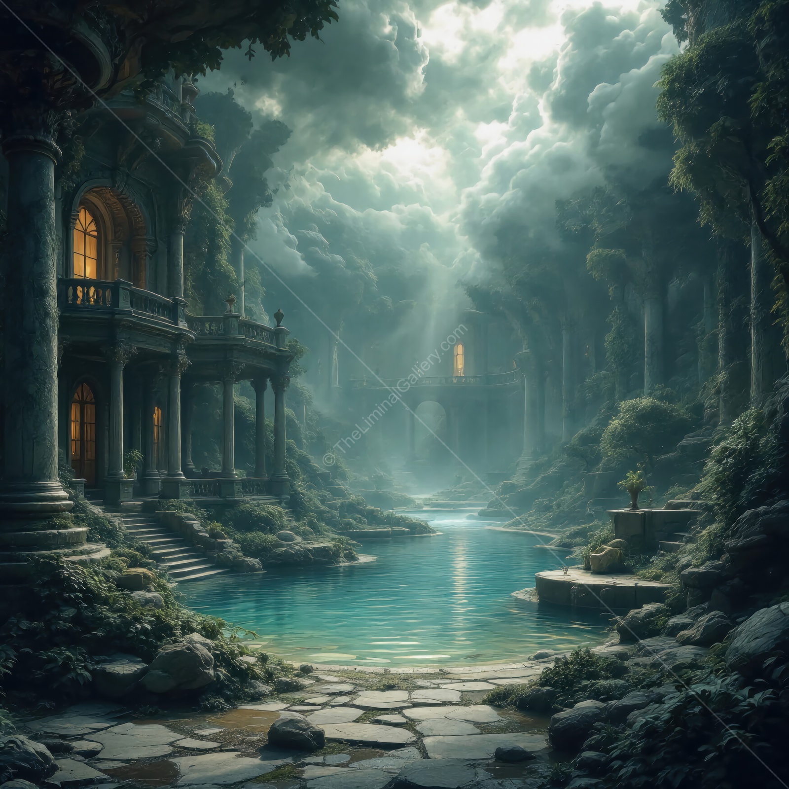 Mysterious landscape with ancient ruins and shimmering waters under a dramatic sky filled with clouds