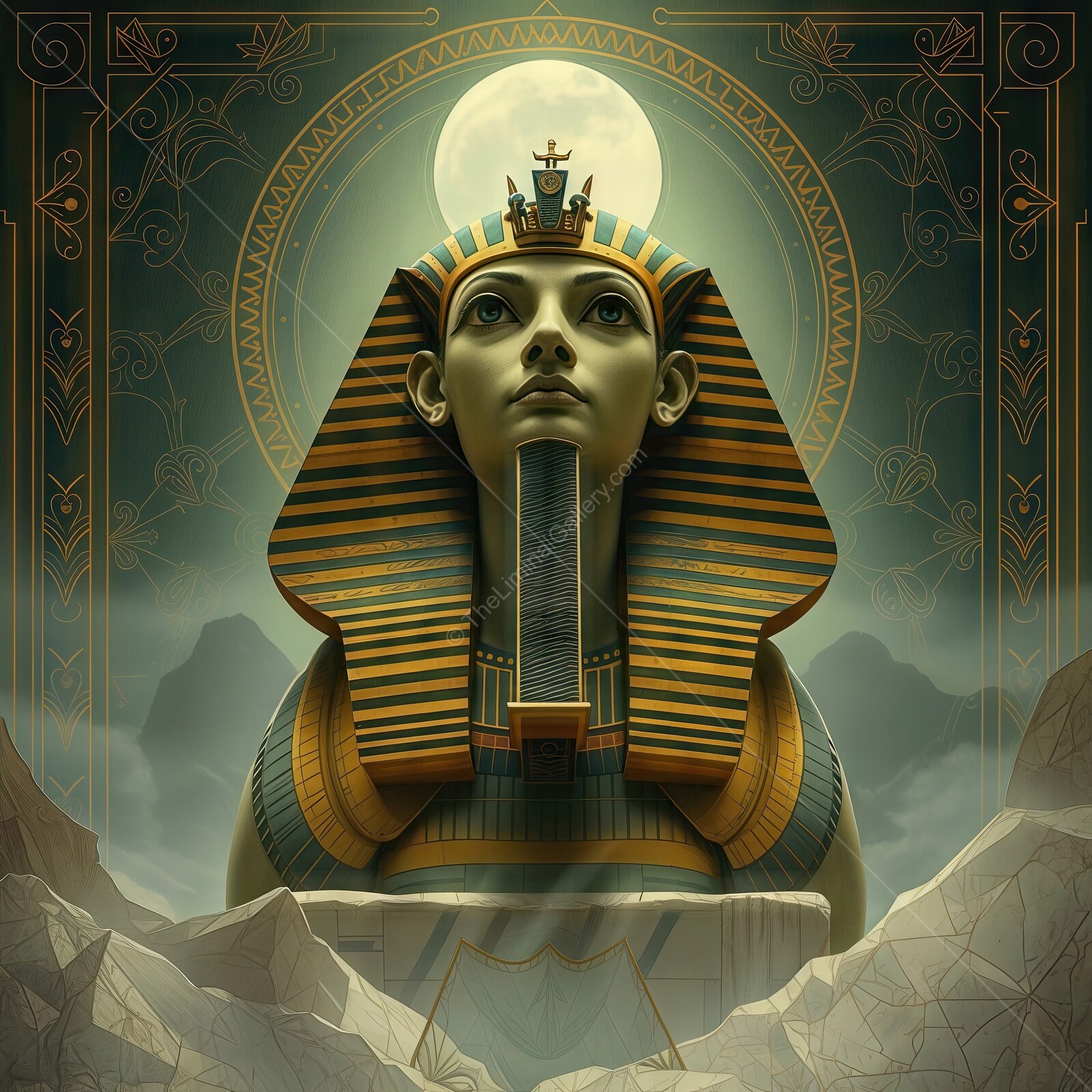 Ancient sphinx figure gazing under a luminous moon in a mystical landscape at twilight