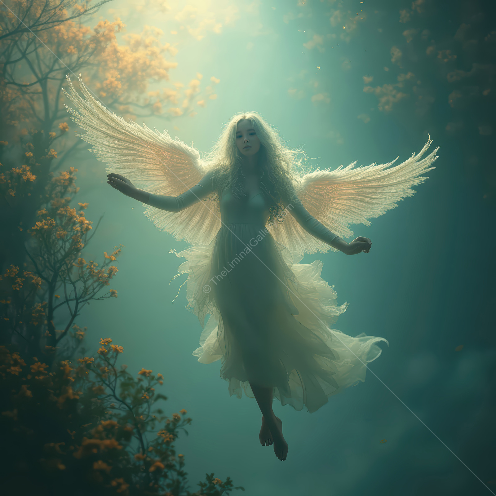 Enchanting angelic figure gracefully descends through a mystical forest adorned with soft, golden light