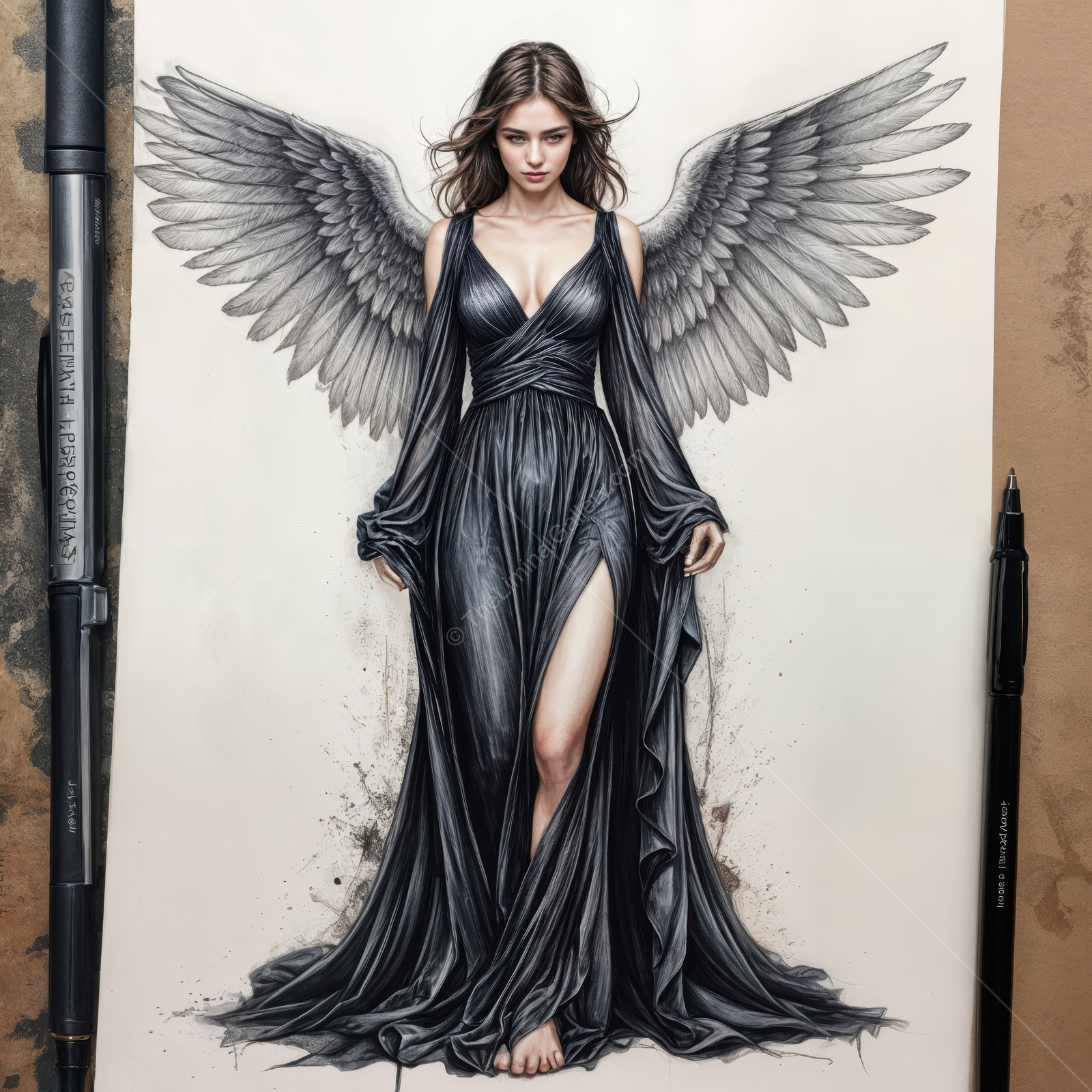 Enchanting angelic figure embodies grace and strength with detailed wings and a flowing dress in a mesmerizing artistic portrayal