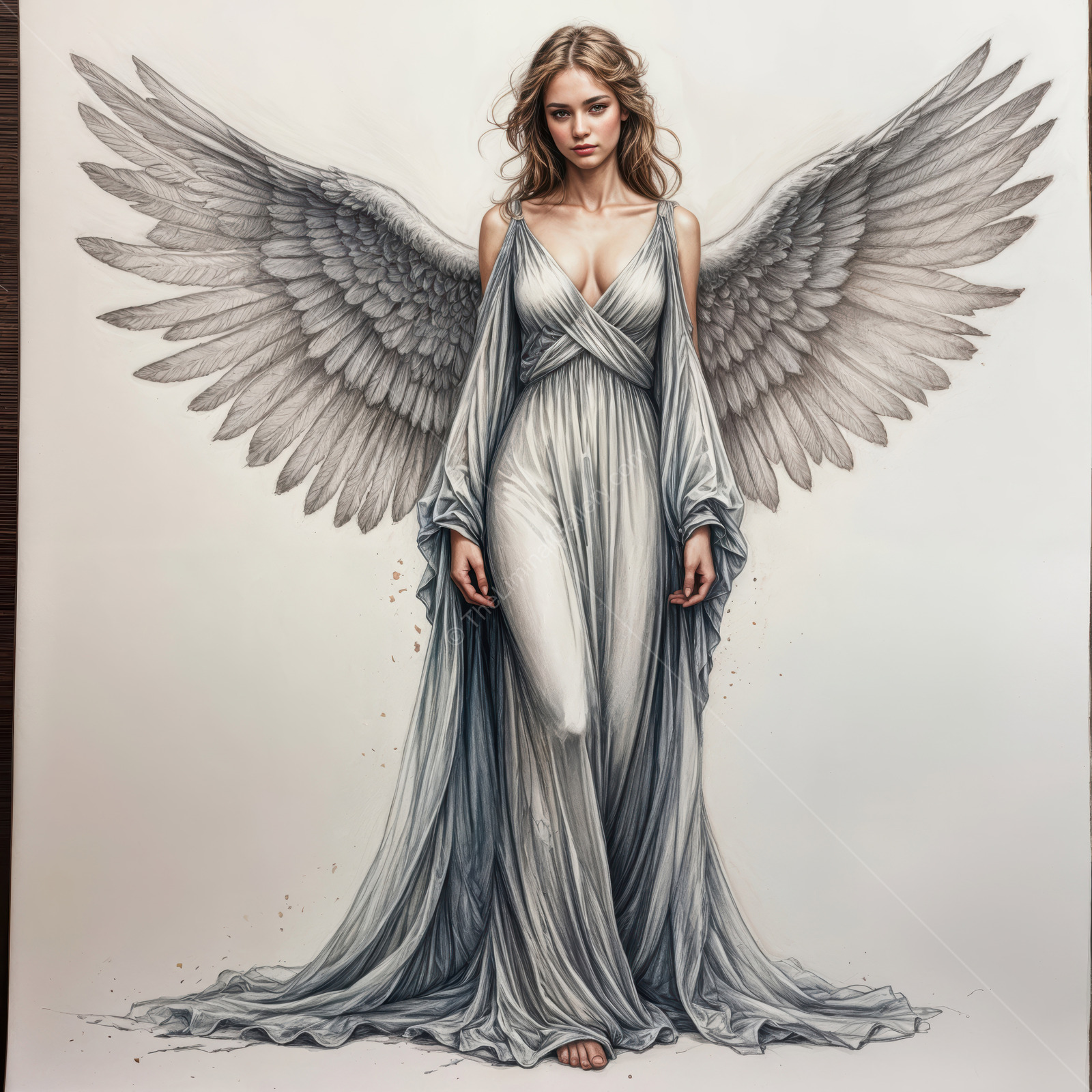Graceful angelic figure surrounded by magnificent wings, embodying a sense of tranquility and ethereal beauty in a dreamy atmosphere, captured in soft tones