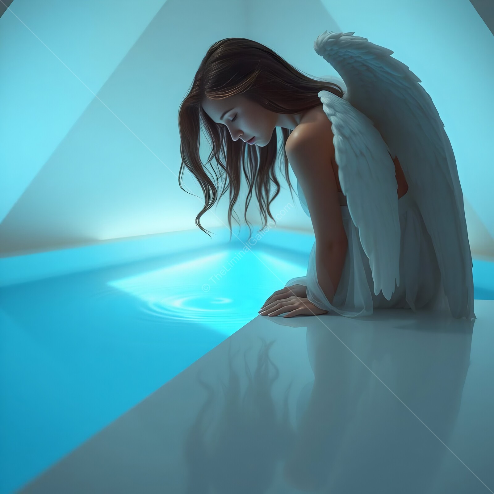 Ethereal angelic woman pondering by a serene teal pool in a tranquil setting at dusk
