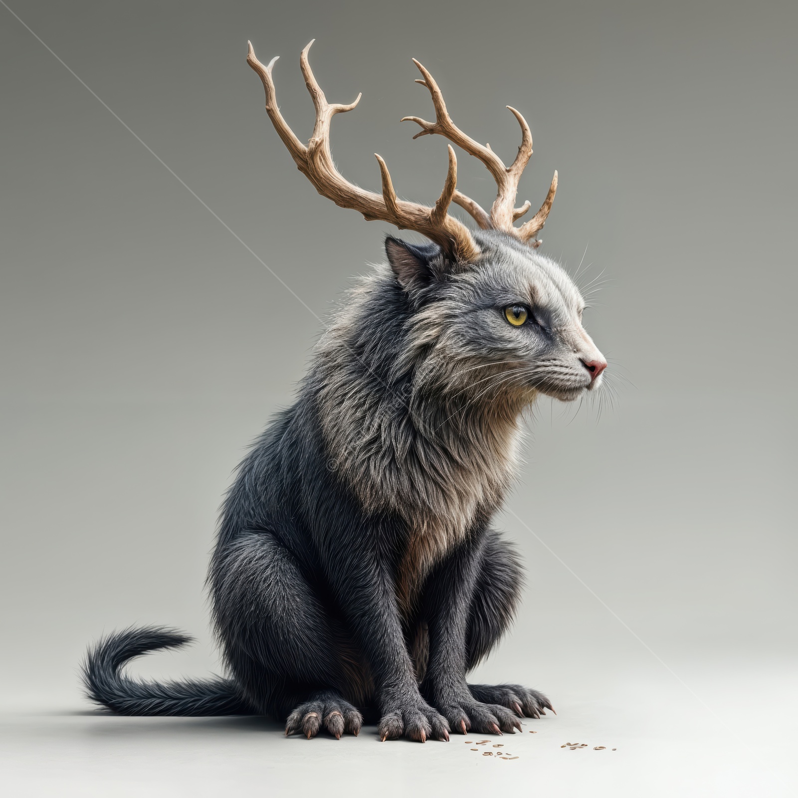Magical creature with antlers sitting gracefully, blending features of a feline and a deer in a surreal scene