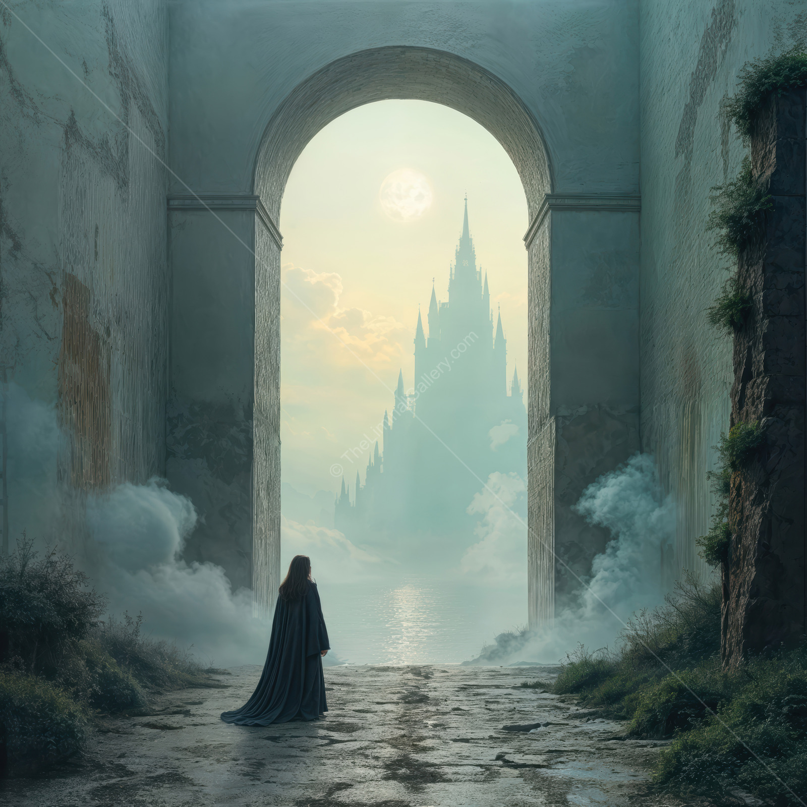 Mystical figure gazes at ethereal castle in misty landscape at dawn