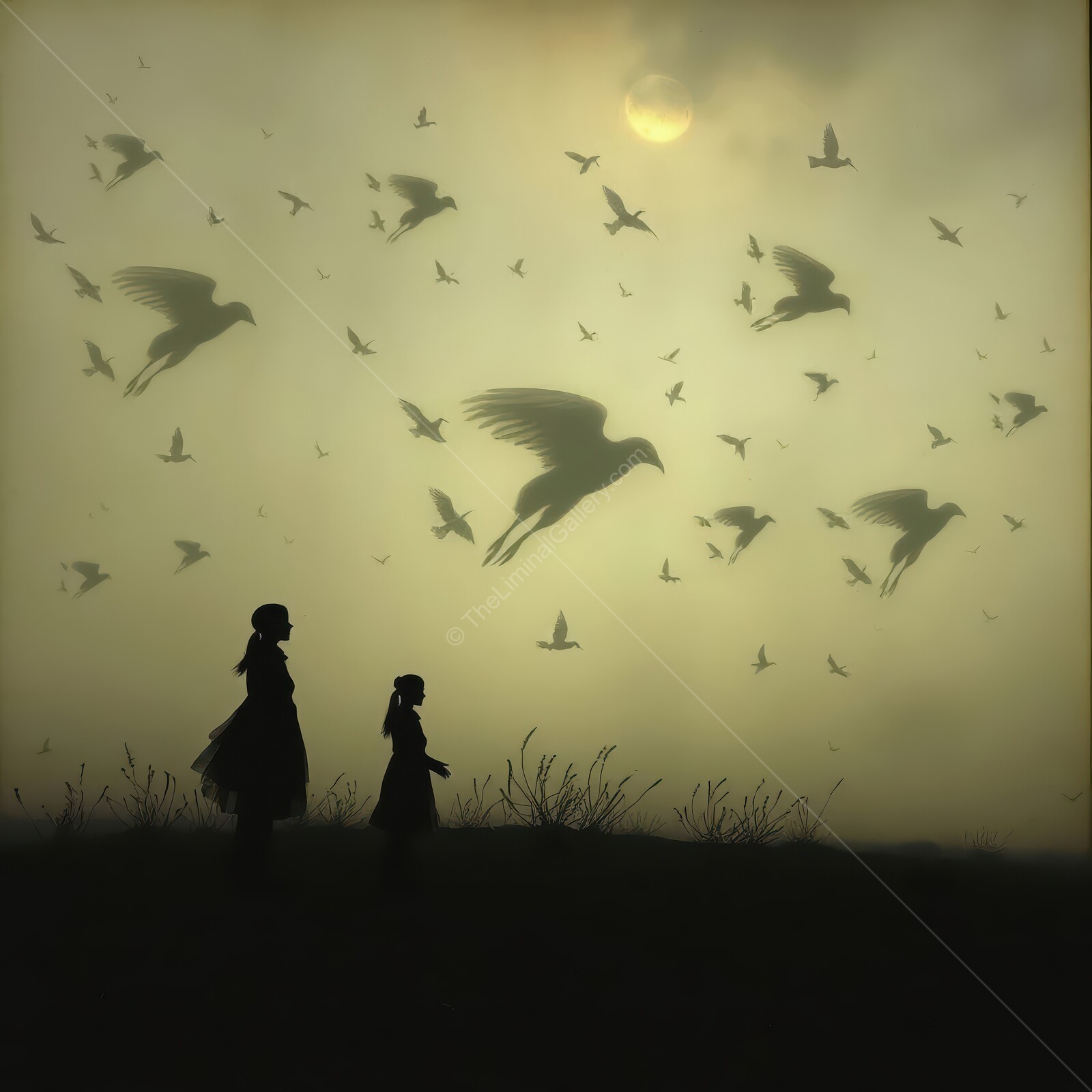 Birds soaring at dusk with children gazing under a twilight sky in a serene landscape