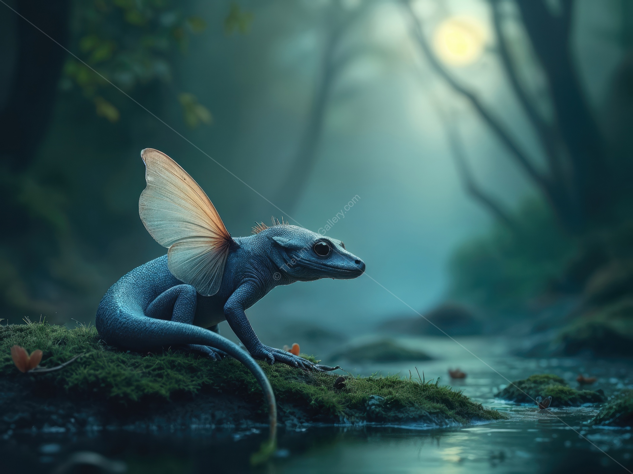 Enchanting creature rests by the serene stream in a mystical forest at dawn