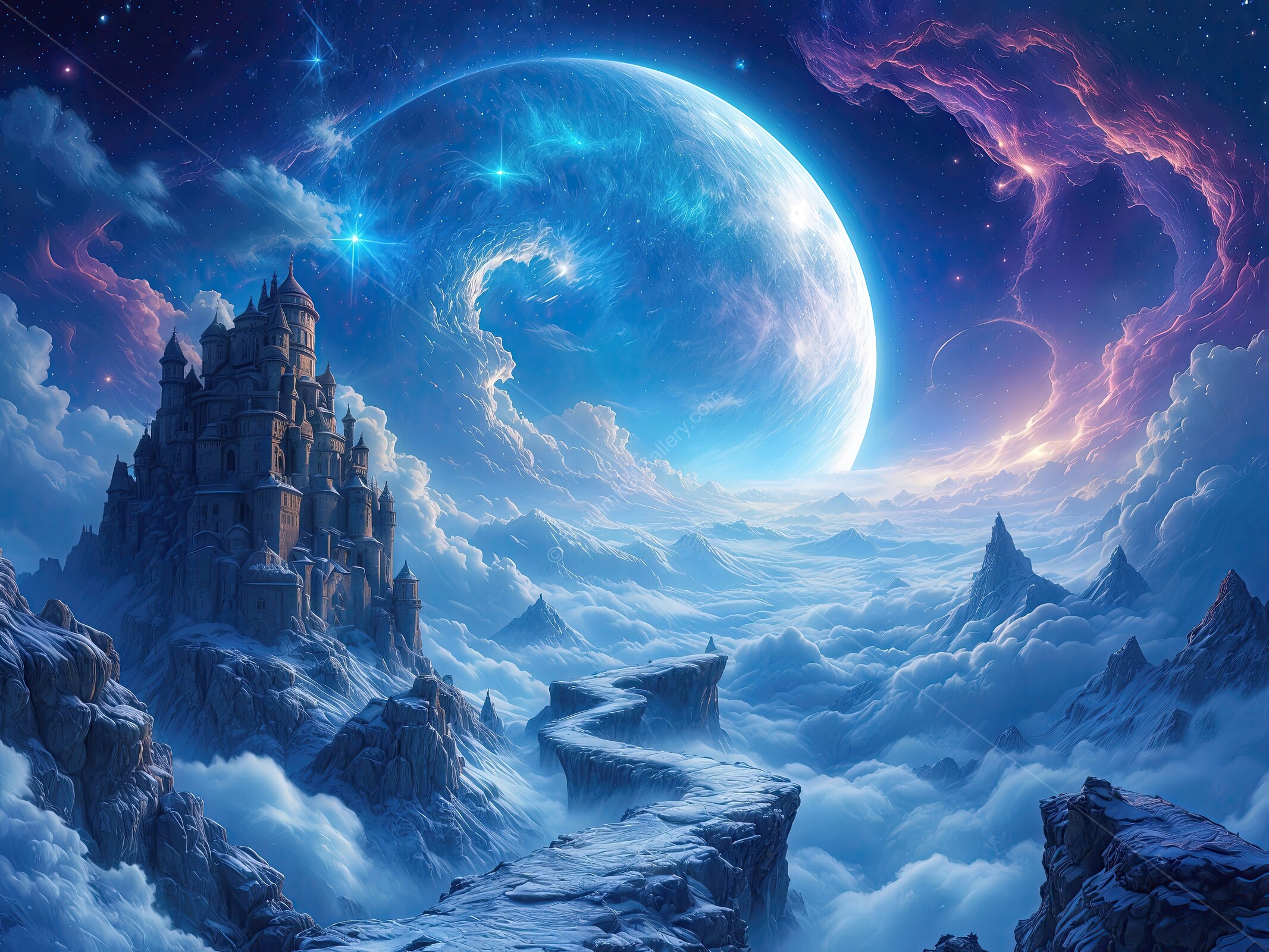 Majestic castle rises above clouds under a vibrant celestial sky with a glowing moon and colorful cosmic elements