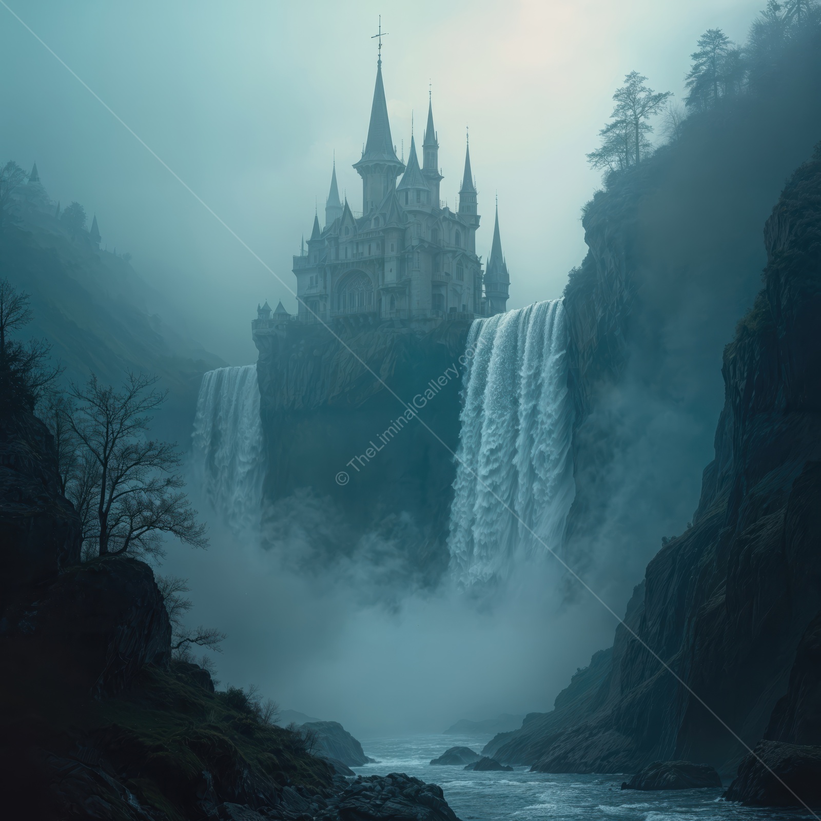 Majestic castle stands tall over rushing waterfalls, shrouded in mist during twilight hours